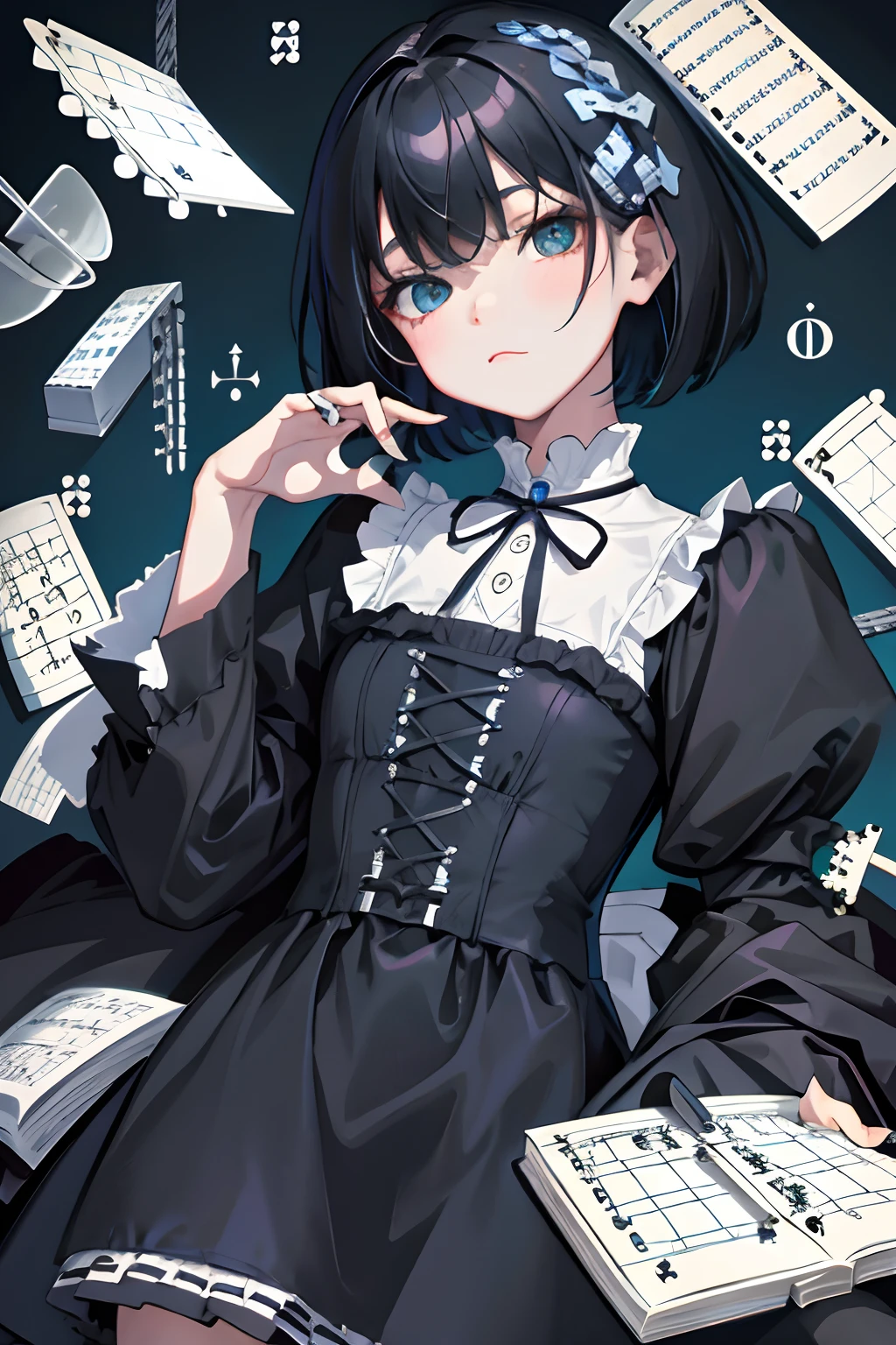 child,(masterpiece,Highest Quality),shortsleeves,Blue-green Gothic Lolita,Sleepy face,A dark-haired,Medium bob,(jigsaw,crossword puzzle,cipher,Problem,mathematical equations,alphabet)