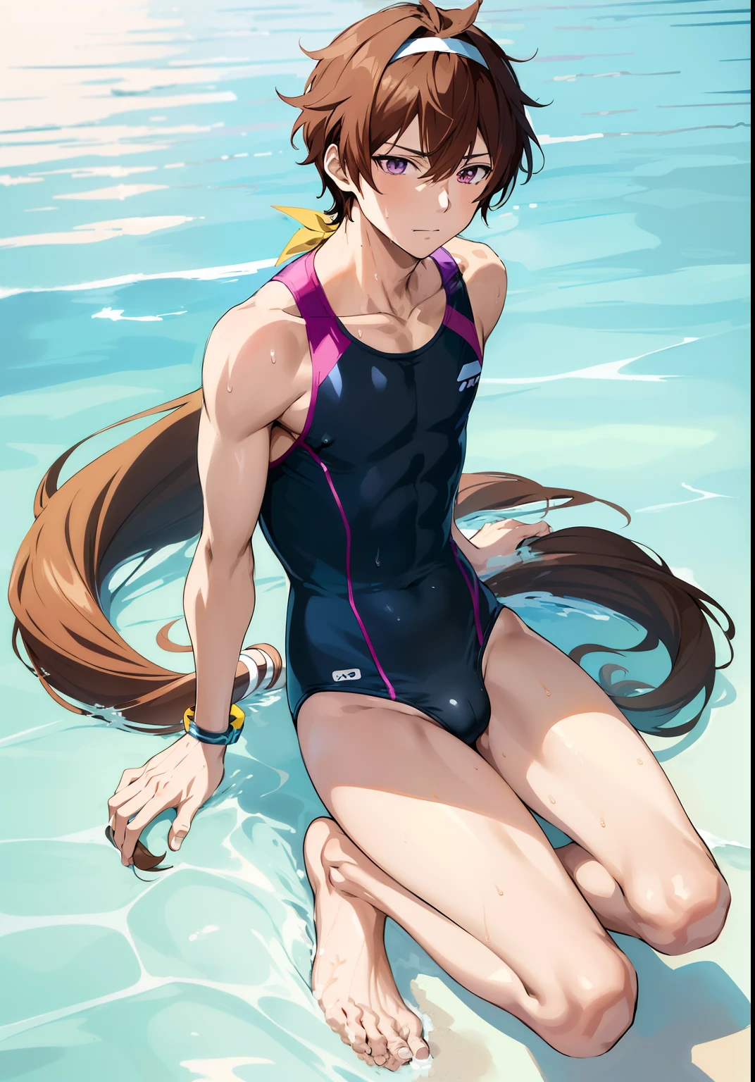 Anime boy in swimsuit, Long twin-tailed brown-haired boy, Boy with long two-sided brown hair, Boy with Purple Eyes, wearing a swimming wear, Swimsuit, Wet swimsuit, Seductive Anime Boy, garments:High-cut swimwear, Cool anime boy in black and yellow tanksuit, anime moe art style, swim wears, Commission for high resolution, Competitive swimsuit, (Anime Boy), onepiece swimsuit, marin kitagawa fanart, high quality fan art, highleg, cel shaded anime, swimsuit model, oc commission, [ 4 k digital art ]!!, Realistic swimwear, Yellow Hairband, Bare shoulders, bare legs, !!Full body portrait!!,