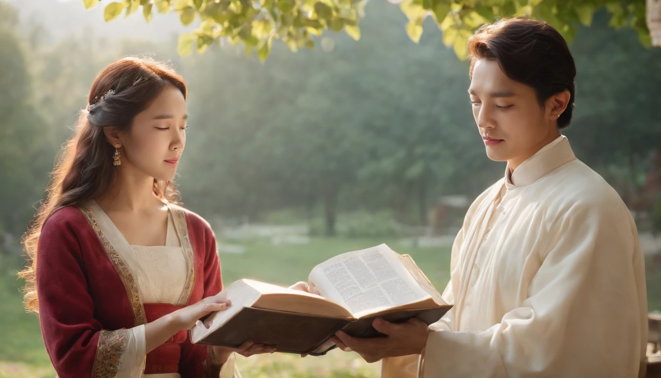 (Best Quality,Ultra-detailed,realisitic:1.37),portrait of a,Korean men and women reading the Bible,Oil Painting,Cathedral attire, View of the cathedral in the distance,Peaceful garden scene,Soft sunlight,tranquil expression,wisdom,Bible Quotes,vibrant colours,delicate brushwork,subtle textures,lush greenery,Contemplative atmosphere,Beautiful picture book,Highlighted features:Eyes in focus,gentle smiling,Graceful posture,Sunlight shining through the trees,rays,Quiet surroundings,serene ambiance,A Blessed Moment