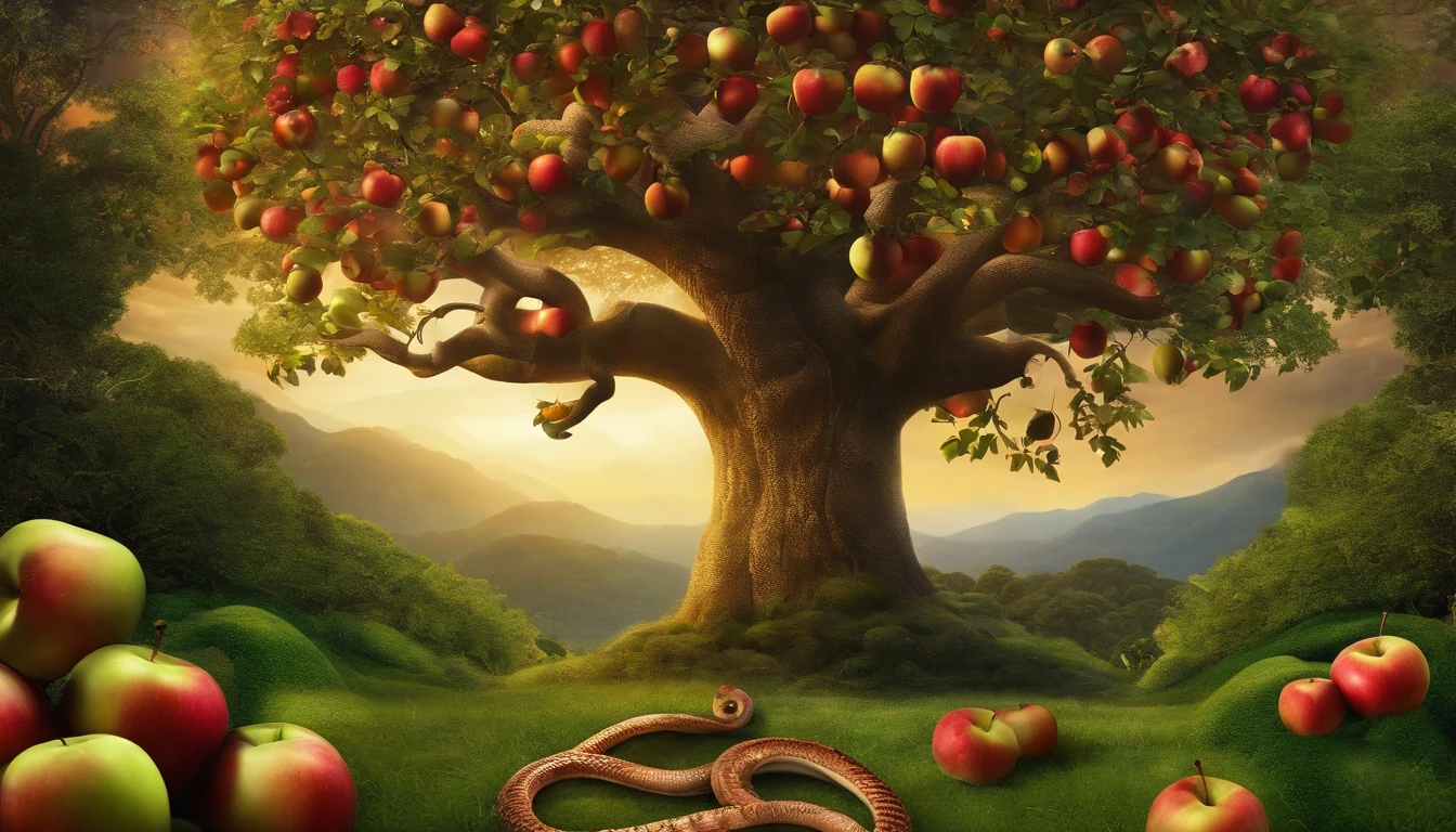 tree of life with some apples, a cobra do pecado, no jardim do eden