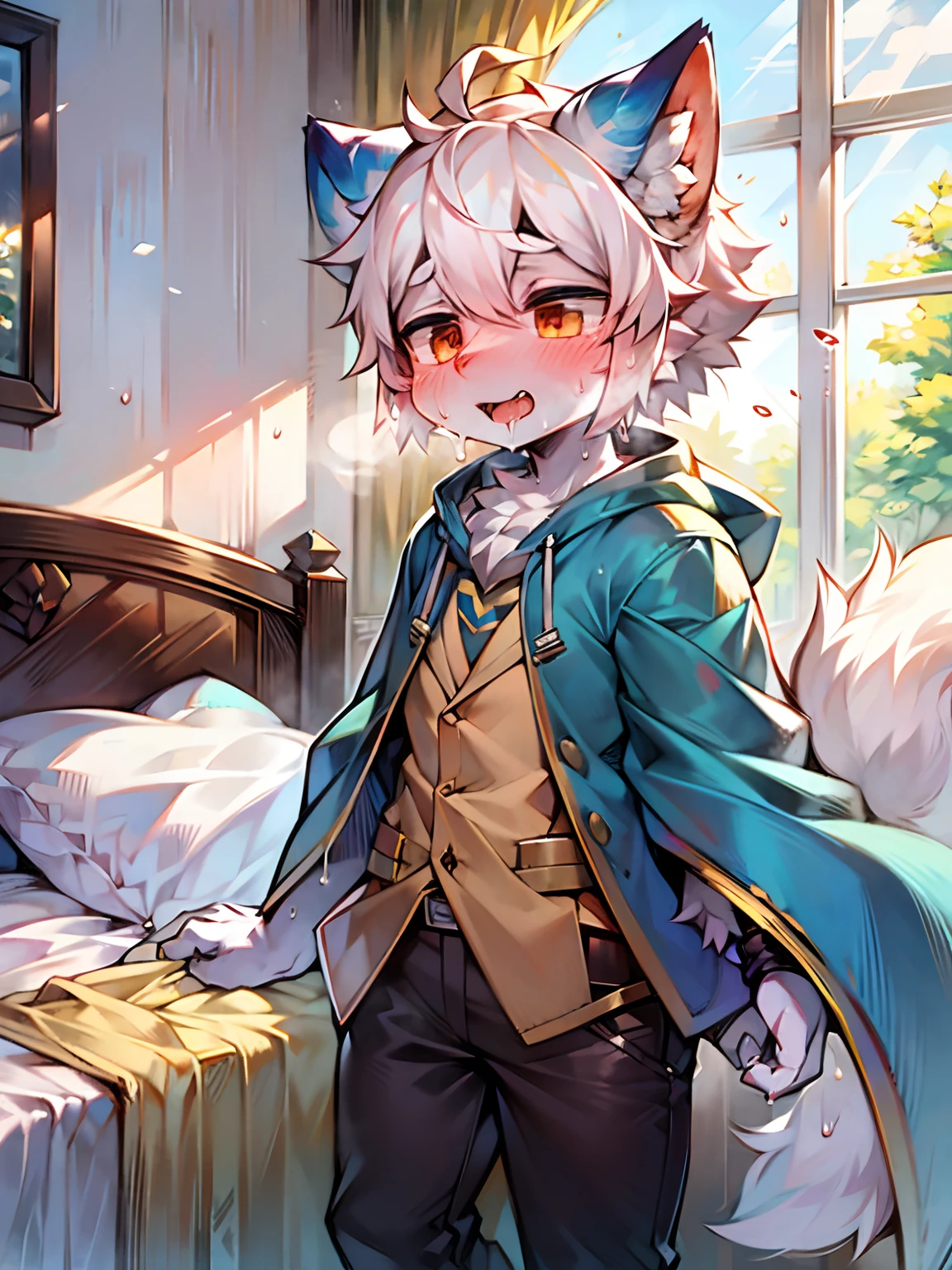 eyes with brightness, in a panoramic view, Character focus.(detailedbackground:0.7), 独奏, shaggy, shaggy male, malefocus, (Full Body Furry, Fluffy tail, Light dark blue fur, blue color eyes, white color hair:1.2), (long canines、coyote、cloaks:1.2),(interiors、the night、terrazzo,two hand(toenails)Lying on the fence)