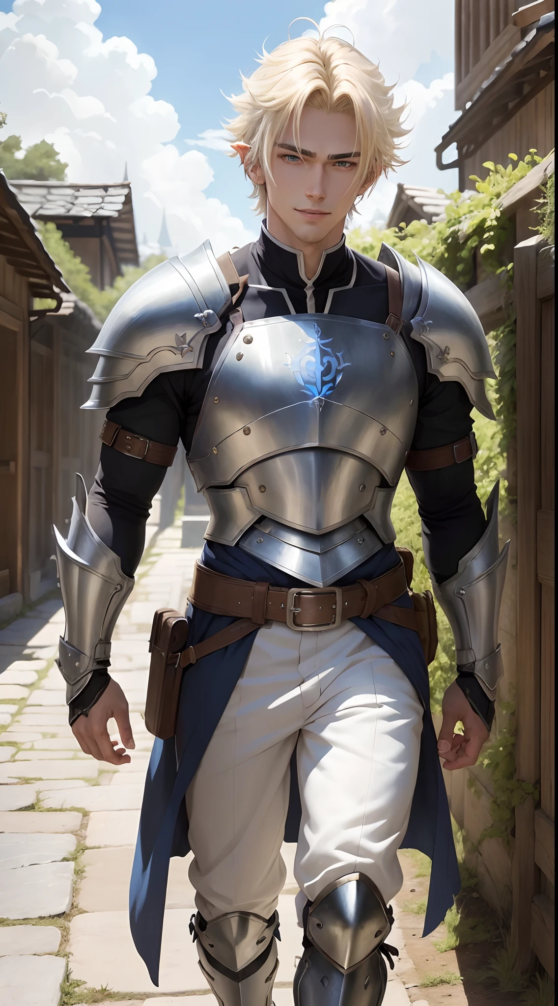 (masterpiece, best quality:1.2), solo, 1boy, , anime boy, chosen hero, elf , isekai, intimidating walking, medieval apparel, walking on a path, background deset, fantasy, blue sky, blue clear sky, clouds, white clouds, blonde hair, bangs, hair in the forehead, brown eyes, handsome, cute, soft lightning, alluring anime teen, (handsome:1.5)(evil smile:1.1), nordic, germanic, powerful, mighty, majestic armor, emo hair, (emo hair:1.2), scene hair