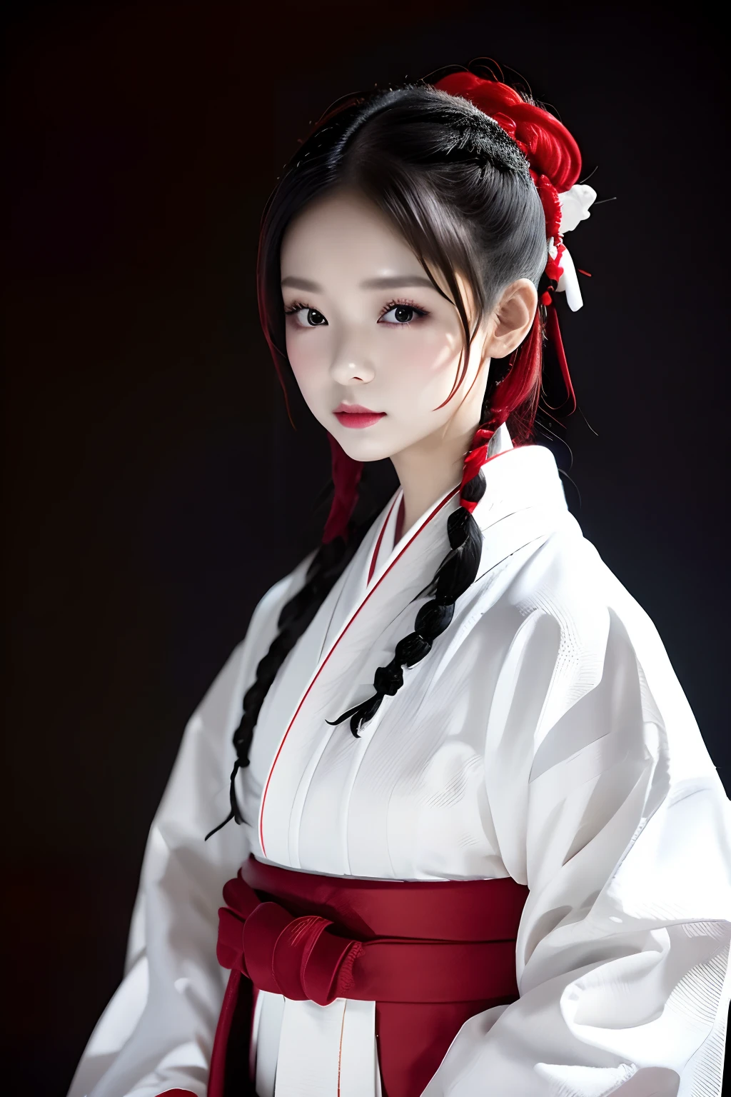 top-quality、​masterpiece、1 girl in、sixteen years old、Black background、Black background、Full Body Angle、White and black hakama、Hakama、Standing、black backgrounds、white  hair:1.5、Red Eyes、red-lips、white  clothes、Black and white world、Black and white world、light skinned、Side braid