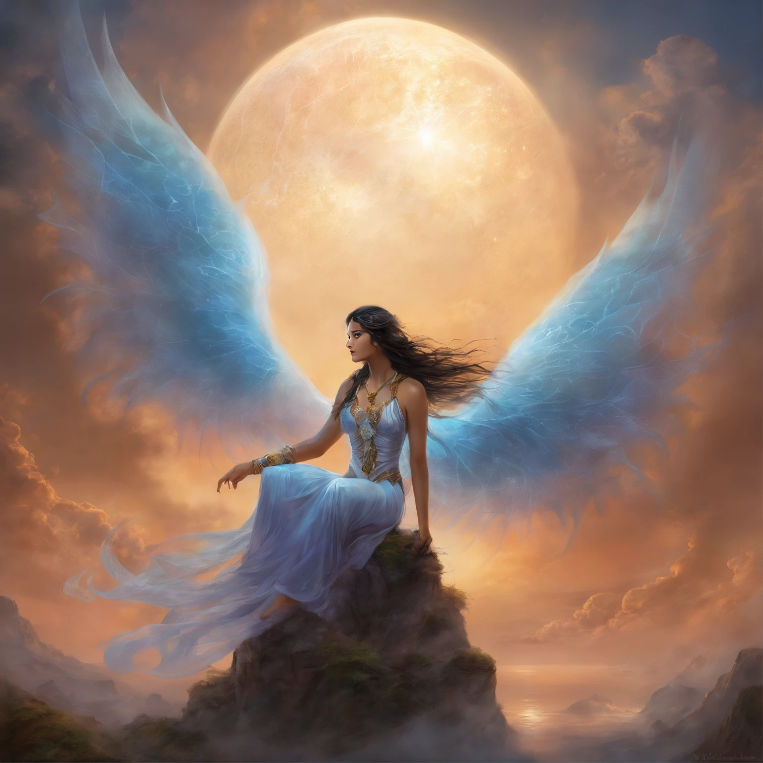 ((best quality)), ((masterpiece)), (detailed), alluring succubus, ethereal beauty, perched on a cloud, (fantasy illustration:1.3), enchanting gaze, captivating pose, delicate wings, otherworldly charm, mystical sky, (Luis Royo:1.2), (Yoshitaka Amano:1.1), moonlit night, soft colors, (detailed cloudscape:1.3), (high-resolution:1.2)