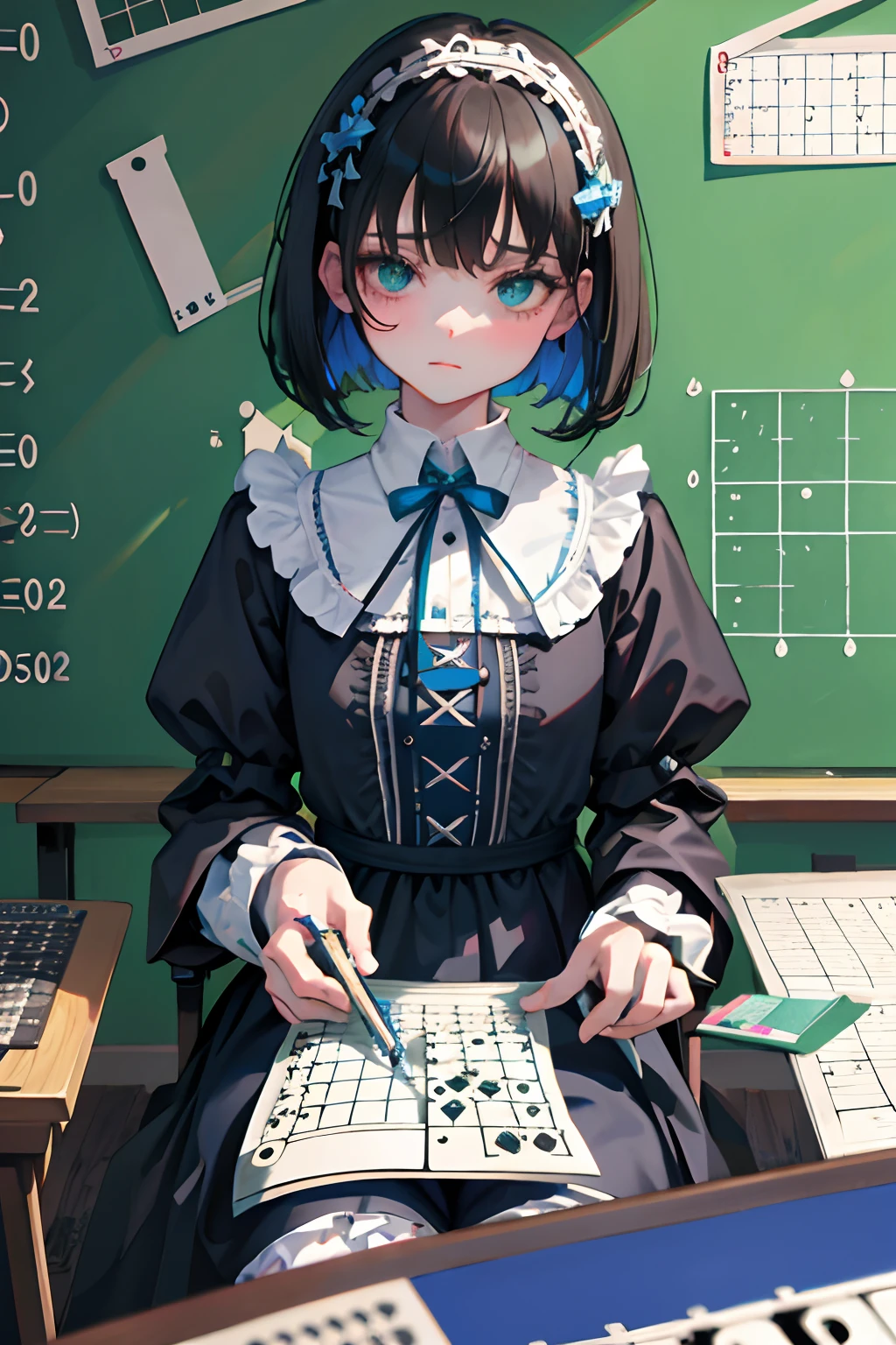 hand between legs,child,(masterpiece,Highest Quality),shortsleeves,Blue-green Gothic Lolita,Sleepy face,A dark-haired,Medium bob,(jigsaw,crossword puzzle,cipher,Problem,mathematical equations,alphabet)