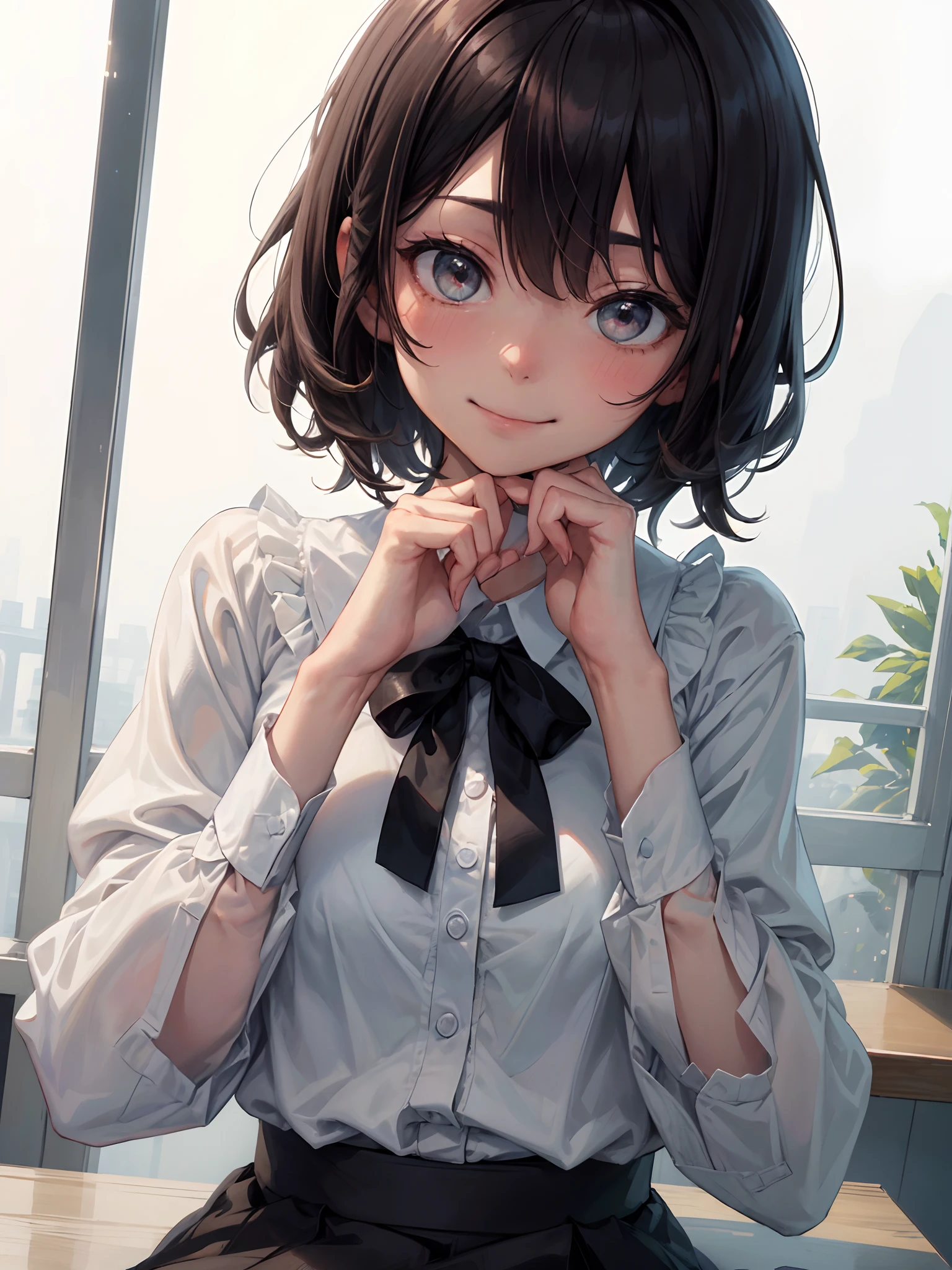 very cute and beautiful girl,(highly detailed beautiful face),
standing near bed sheet,detailed legs,plaid vest,long sleeve white blouse,
looking at viewer,(smile),blush,embarrassed BREAK cosmetic bags and fashion bag lie on bed,
tight pleated black mini skirt,black hair,
antique hotel bedroom,window,distant trees and town,dim light,
(best quality,masterpiece),absurdres,highres,ultra-detailed,extremely detailed,32k,8k resolution,(realistic,photorealistic),aesthetic beautiful darkbrown eyes,
intricate details,cinematic scene,detailed background,solo,dynamic angle,