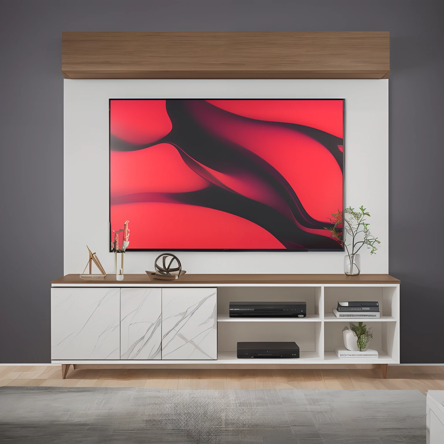 There is a large television on one wall in a living room, Televisores, Foto do produto 4K, Arte em 4k, moldura da tv, a partir de 8 k matte, 3 d product render, the console is tall and imposing, Cinema C 9. 0, product render, Vibrant and dynamic, red and white marble panels, crisp smooth clean lines, well - appointed space