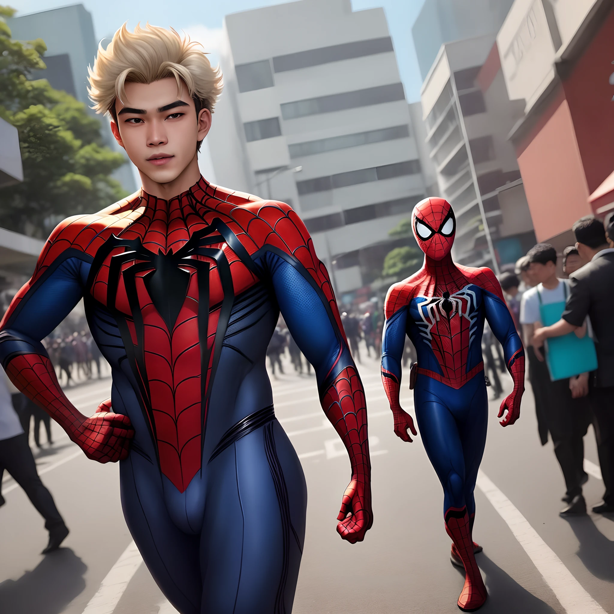 Spiderman, muda usia 18, ganteng, berdiri di tengah jalan yg ramai di kota yang sibuk