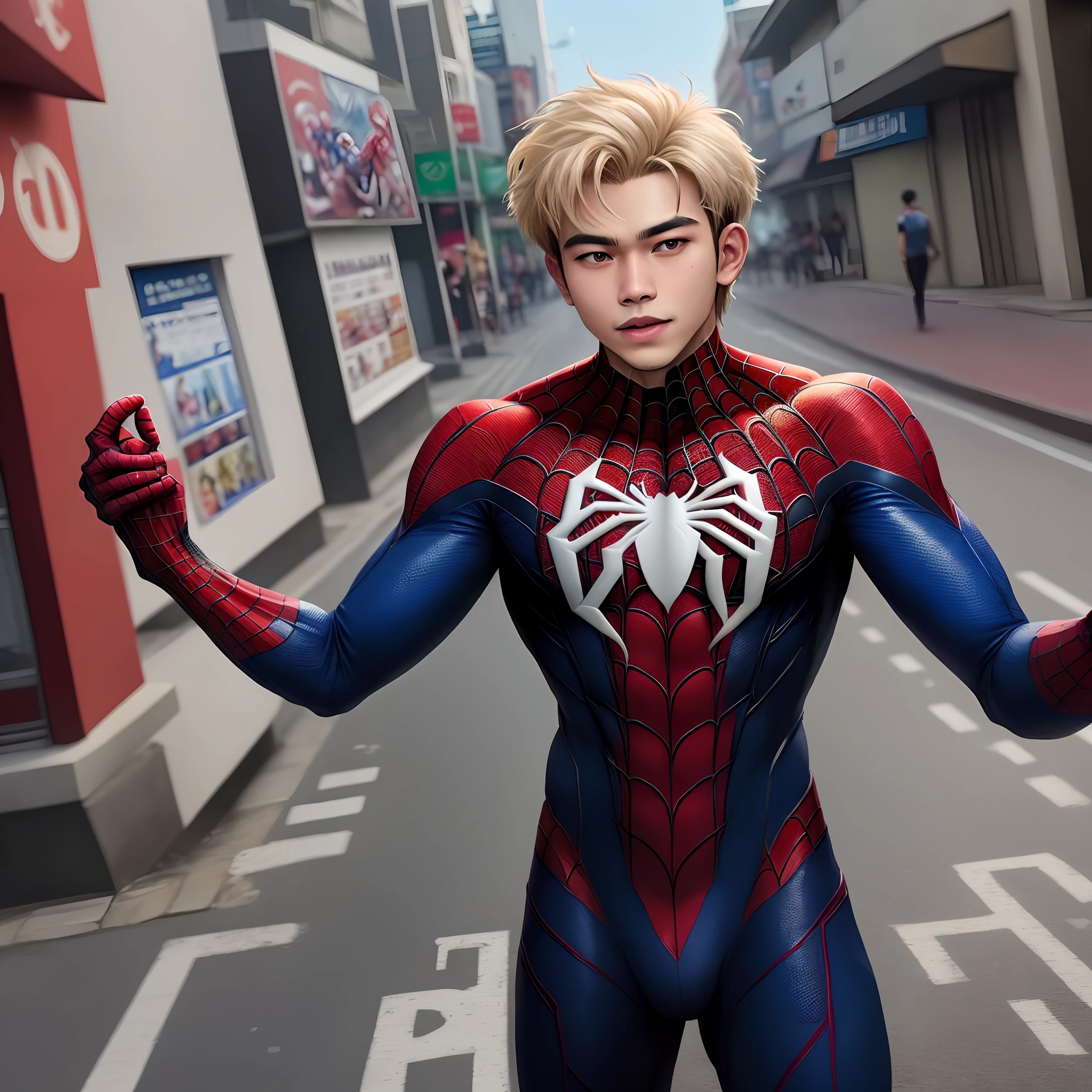 Spiderman, muda usia 18, ganteng, berdiri di tengah jalan yg ramai di kota yang sibuk