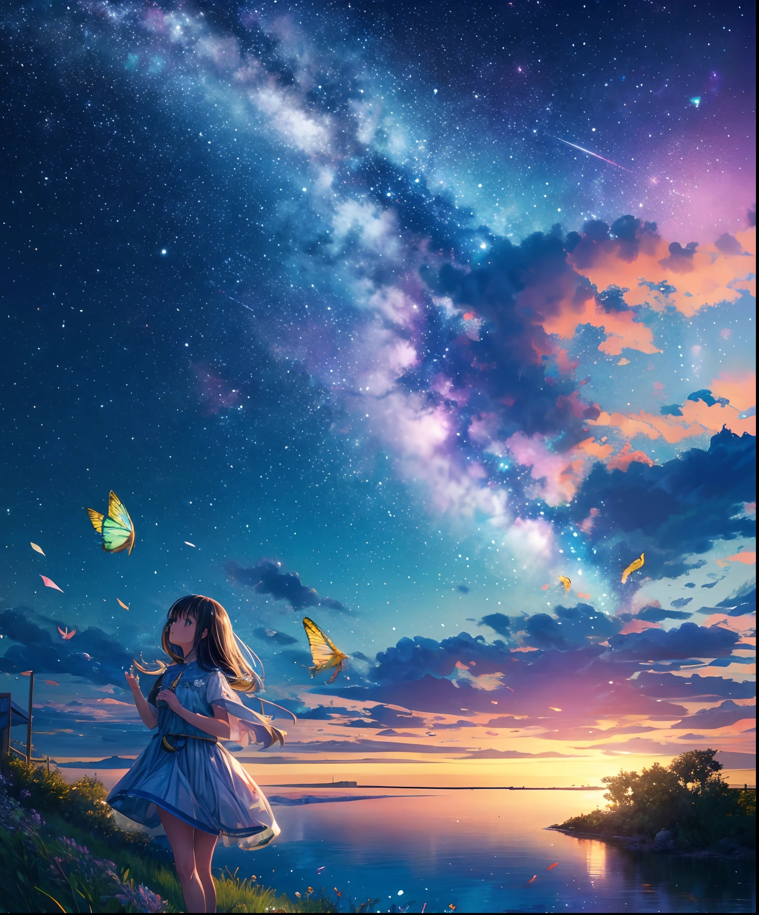 Cute girl characters、Describes a scene with grassy butterflies lying on the water flying around, Looking up at the starry sky. Surround her with colorful nebulae and her favorite constellations.