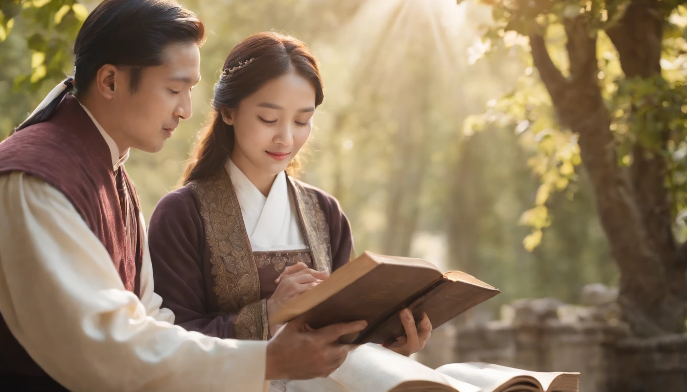 (Best Quality,Ultra-detailed,realisitic:1.37),portrait of a,Korean men and women reading the Bible,Oil Painting,Cathedral attire, View of the cathedral in the distance,Peaceful garden scene,Soft sunlight,tranquil expression,wisdom,Bible Quotes,vibrant colours,delicate brushwork,subtle textures,lush greenery,Contemplative atmosphere,Beautiful picture book,Highlighted features:Eyes in focus,gentle smiling,Graceful posture,Sunlight shining through the trees,rays,Quiet surroundings,serene ambiance,A Blessed Moment