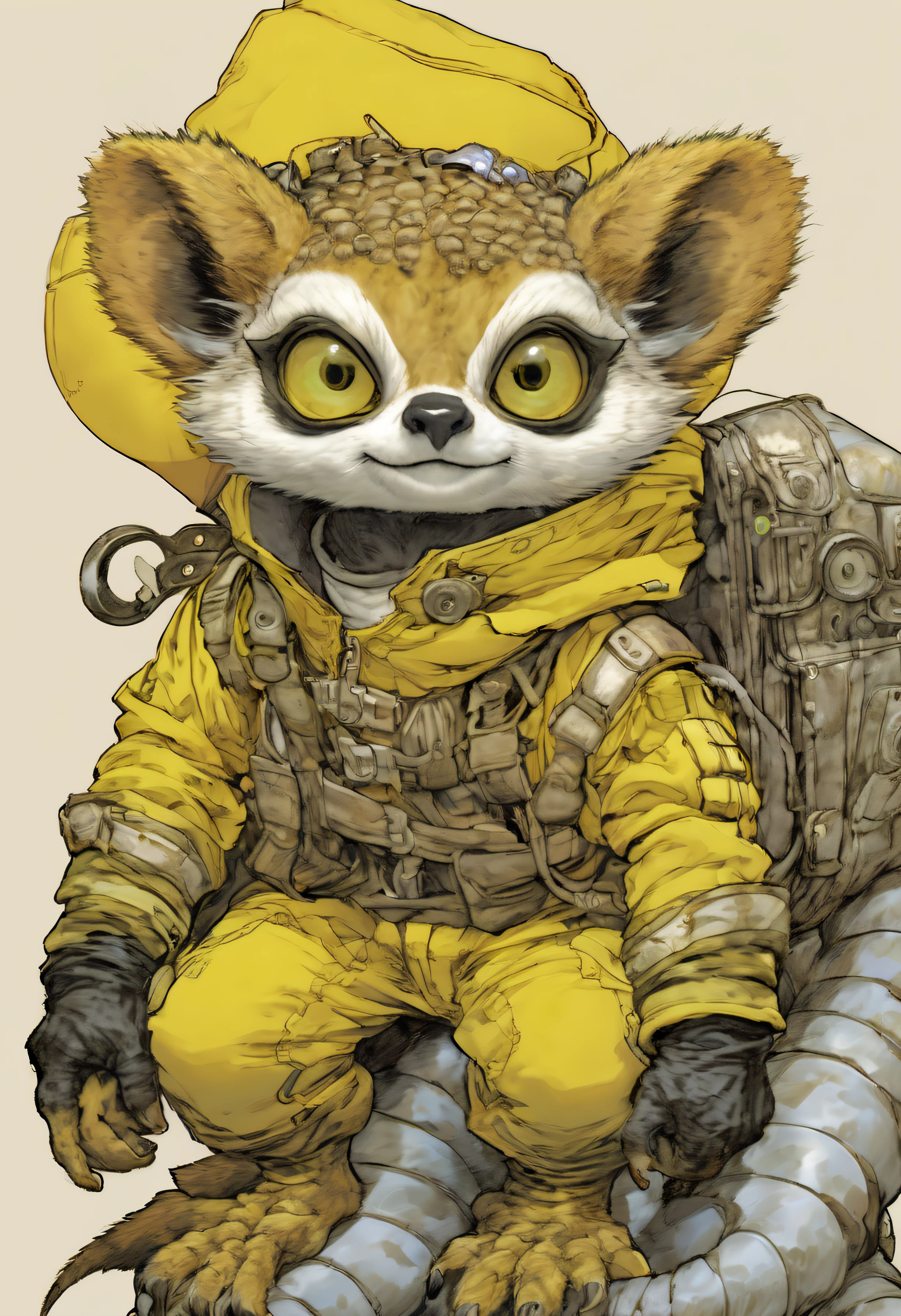 comics LEMUr, by Katsuya Terada, HD, manga, toon avatar,LEMUR, Katsuya Terada STYLE, POKEMON STYLE, LEMUR, YELLOW EYE, SNAKE skin ARMOR, SCALEs,LEMUR, YELLOW EYES, muppet, simple, stialized, chubby, , manga, contrast, poce, full body, dynamic poce, miletary gear, goggles, hood, by Katsuya Terada, clean, compact, simple