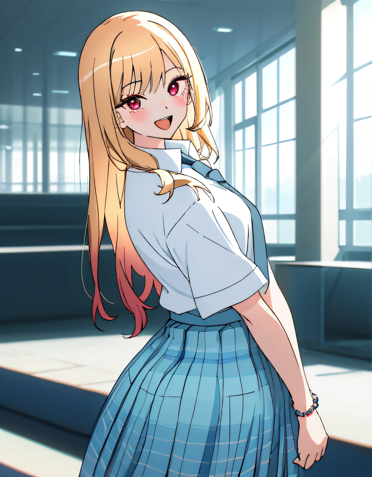 4K, Masterpiece, highres, absurdres,natural volumetric lighting and best shadows, deep depth of field, sharp focus, soft delicate beautiful attractive face,bisquedoll anime style ,[kitagawa marin|Nadia], 1girl, :d, upper body, bead bracelet, beads, black necktie, blonde hair, blue skirt, blush, bracelet, hand on own hip, jewelry, long hair, looking at viewer, necktie, open mouth, plaid, plaid skirt, red eyes, school uniform, shirt, outdoors, skirt, smile, solo, standing,white background, white shirt,