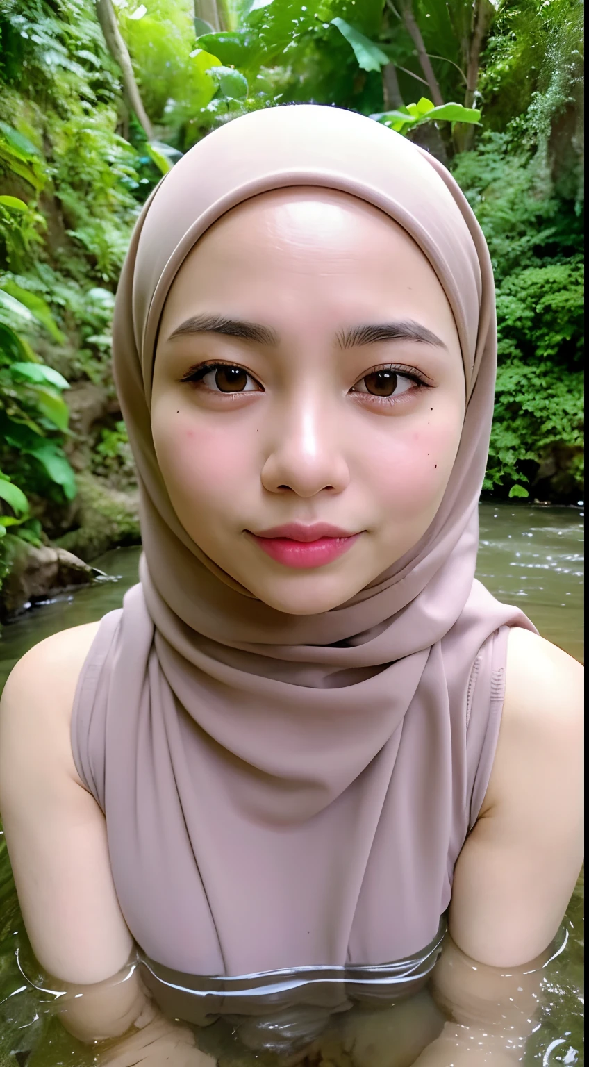 (2 young malay girls:1.3), malay face,(Naked:1.3), (hijab:1.4), Beautiful breasts, (Details of a very beautiful face), wear pastel color hijab, detail skin texture,  (Best Quality:1.4), 8K resolution, High resolution, (Photorealistic, High resolution:1.4), Raw photo, (Realistic, Photorealsitic:1.37), Gloss on lips, Parted lips, Staring at me, Nose, Realistic, the woods, cinematic lighting, taking bath in river, wet body, wet face,