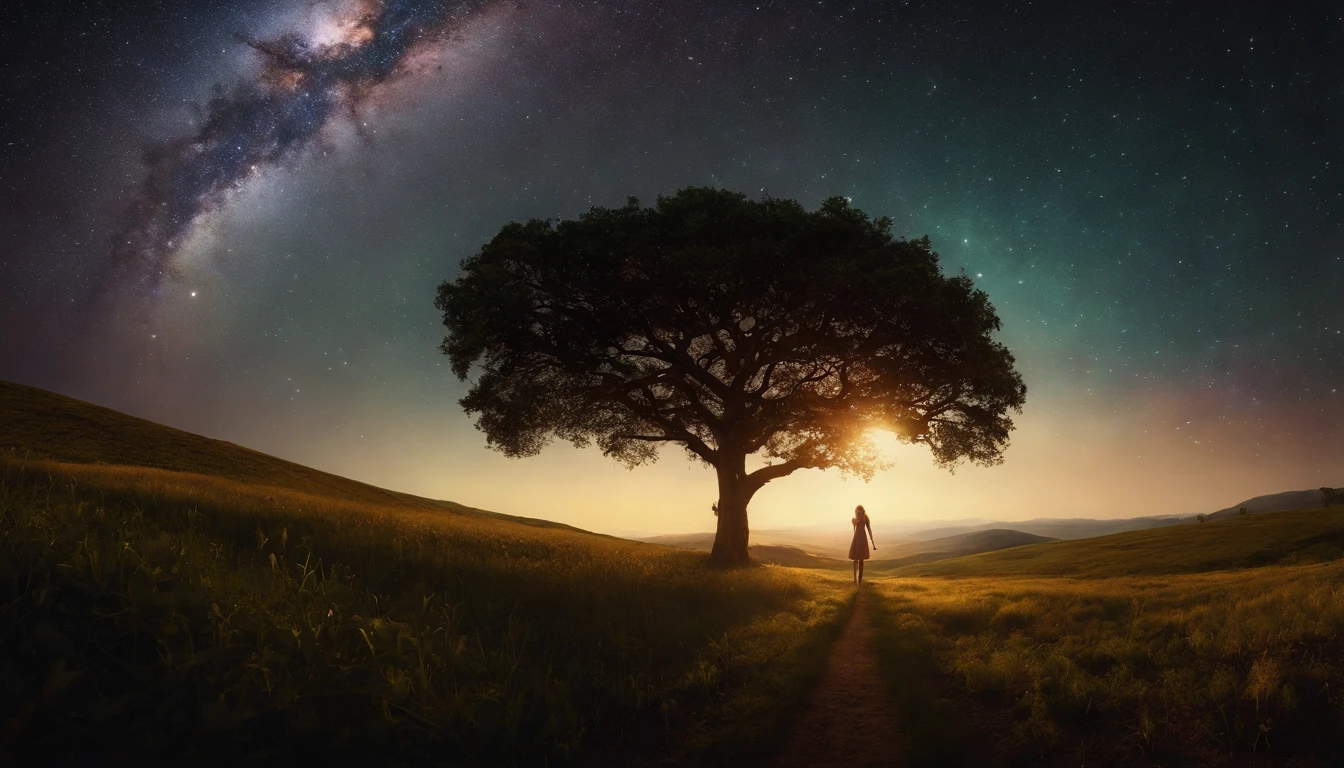 fotografia de paisagem expansiva , (a view from below that shows sky above and open field below), a girl standing on flower field looking up, (lua cheia:1.2), ( estrelas cadentes:0.9), (nebula:1.3), montanha distante, tree BREAK production art, (Fonte de Luz Quente:1.2), (Pirilamplighto:1.2), lamplight, muito roxo e laranja, detalhes intrincados, volumetric lighting BREAK (master part:1.2), (melhor qualidade), 4k, ultra-detalhado, (dynamic compositing:1.4), altamente detalhado, detalhes coloridos,( Cores iridescentes:1.2), (bright illumination, Atmospheric Illumination), sonhador, magica, (sozinho:1.2), dynamic lighting, dual-tone lighting, alto contraste