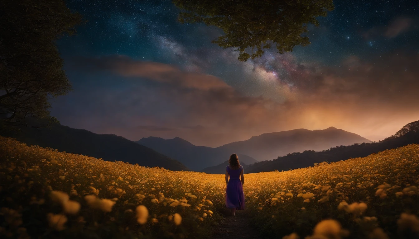 fotografia de paisagem expansiva , (a view from below that shows sky above and open field below), a girl standing on flower field looking up, (lua cheia:1.2), ( estrelas cadentes:0.9), (nebula:1.3), montanha distante, tree BREAK production art, (Fonte de Luz Quente:1.2), (Pirilamplighto:1.2), lamplight, muito roxo e laranja, detalhes intrincados, volumetric lighting BREAK (master part:1.2), (melhor qualidade), 4k, ultra-detalhado, (dynamic compositing:1.4), altamente detalhado, detalhes coloridos,( Cores iridescentes:1.2), (bright illumination, Atmospheric Illumination), sonhador, magica, (sozinho:1.2), dynamic lighting, dual-tone lighting, alto contraste