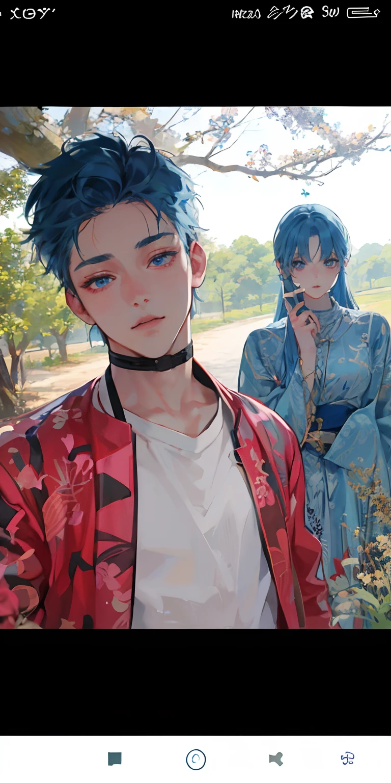 Manga style, finely detailed, right boy , boy with blue hair, blue eyes, cute , left girl , cute , detailed, perfect. Finely detailed eyes and face expression, left side girl , long hair .