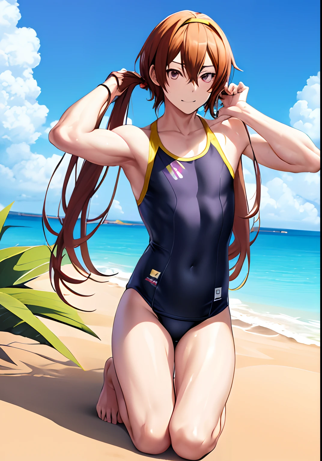 Anime boy in swimsuit, Long twin-tailed brown-haired boy, Boy with long two-sided brown hair, Boy with Purple Eyes, wearing a swimming wear, Swimsuit, Wet swimsuit, Seductive Anime Boy, garments:High-cut swimwear, Cool anime boy in black and yellow tanksuit, anime moe art style, swim wears, Commission for high resolution, Competitive swimsuit, (Anime Boy), onepiece swimsuit, marin kitagawa fanart, high quality fan art, highleg, cel shaded anime, swimsuit model, oc commission, [ 4 k digital art ]!!, Realistic swimwear, Yellow Hairband, Bare shoulders, bare legs, !!Full body portrait!!,