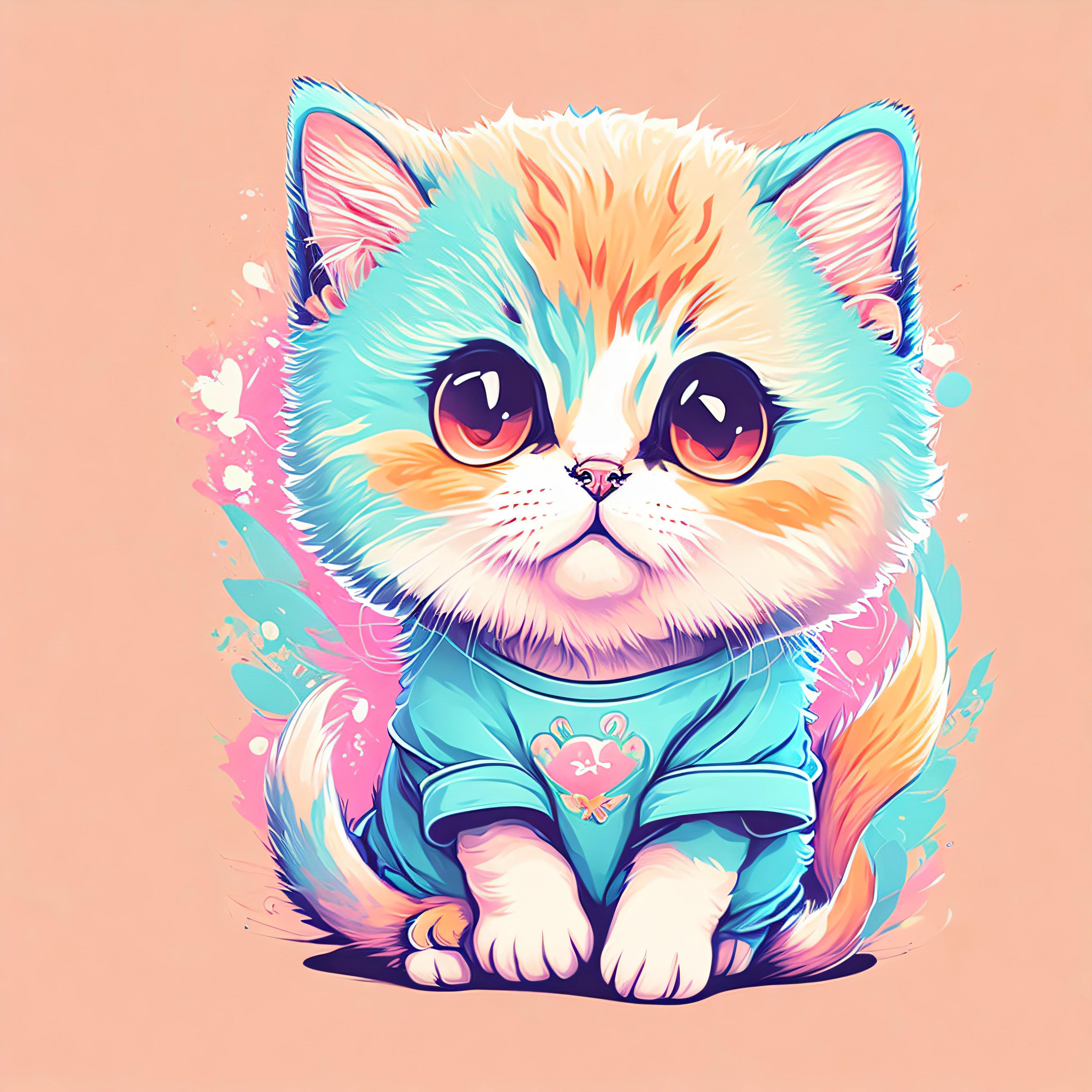 funny kitten, anime style, bright image, soft color, tshirt design, vector-art