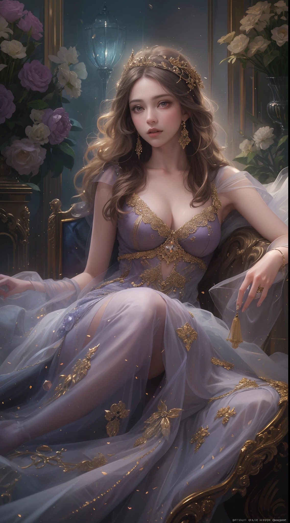 (Best quality,8K,A high resolution,Masterpiece:1.2),Ultra-detailed,(Realistic,Photorealistic,photo-realistic:1.37),Portrait,Creative style artwork,Historical,classical,Sophisticated,plethora of colors,Highly detailed,Soft lighting,luxurious environment,Delicate fairy flowing dress dress,detailed jewellery,Ethereal atmosphere,Elegant Pose,Graceful curves,Gold body proportions,Flowing and fluffy hair,Breathtaking textile patterns,Bright and clear purple eyes,Delicate floral decoration,A dazzling array of shiny crystal accessories,Mysterious and dreamy atmosphere,Impeccable attention to detail.