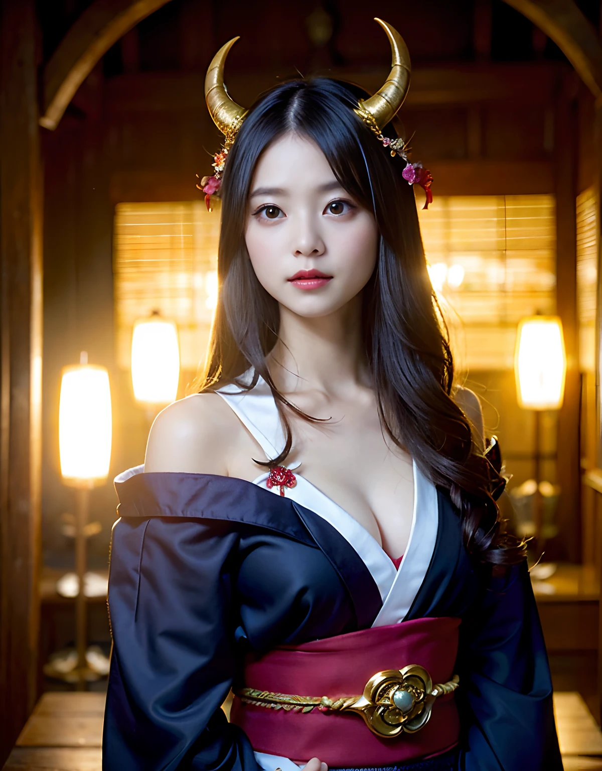 (((masutepiece))),Professional , masterpiece、top-quality、photos realistic , depth of fields 、Raw photo、女の子1a person、glowy skin、(Vibrant poses)、(Black maple on the background of full bloom),(Ultimate Beauty)、A dark-haired、Mystical expression、ultrasharp、(shrine background)、(Kimono with beautiful pattern)、(Midnight background)、Beautiful hair ornament on the head、,(intense fighting),((Precipitous cliffs)),(Wear a beautiful kimono),(Wear a colorful and beautiful kimono)、cleavage of the breast、(Japan Castle Background)、Jewel Gold Weapon、Particles of light),(intense fighting)、Gorgeous gold weapons ,Castle background、(( Gorgeous Dragon Sword)) , (a dark night),,(maikurobikini) 、((Black Haired Beautiful Girl))、Full Body Angle、(Castle background)、(demonic wings)、((Gangle's forest background))、Beautiful Caucasian beauty、1a person、dynamic ungle,(((Two devil's horns on the head)))、Smaller head、Idle Smile、Thin and beautiful female hands、Mystical expression、Light Effects、intense fighting、Wind-effect、magic circles、With the legendary magic wand、Dragon's tail、Anatomically correct fingers、Full Body Angle、Anatomically correct number of fingers、