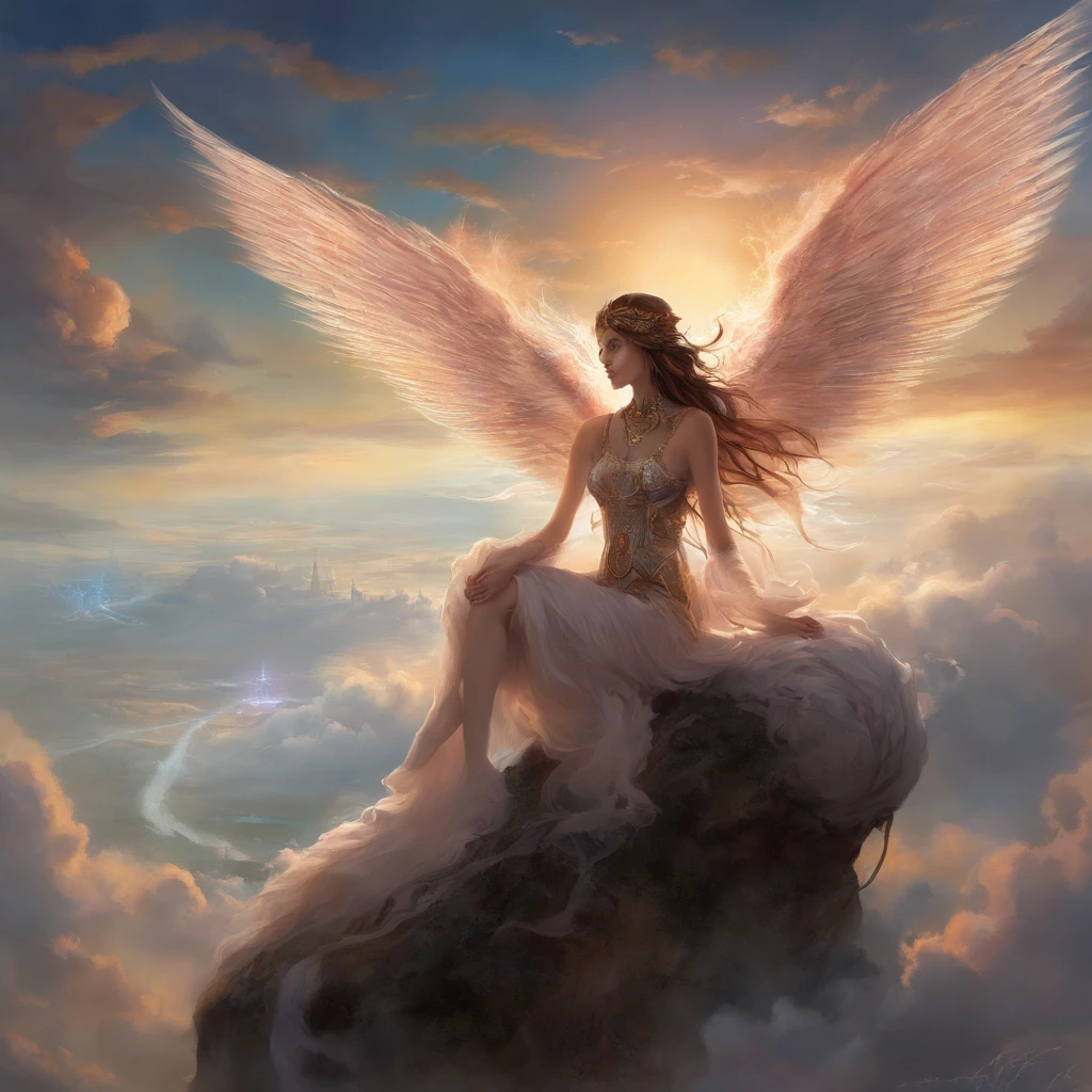 ((best quality)), ((masterpiece)), (detailed), alluring succubus, ethereal beauty, perched on a cloud, (fantasy illustration:1.3), enchanting gaze, captivating pose, delicate wings, otherworldly charm, mystical sky, (Luis Royo:1.2), (Yoshitaka Amano:1.1), moonlit night, soft colors, (detailed cloudscape:1.3), (high-resolution:1.2)