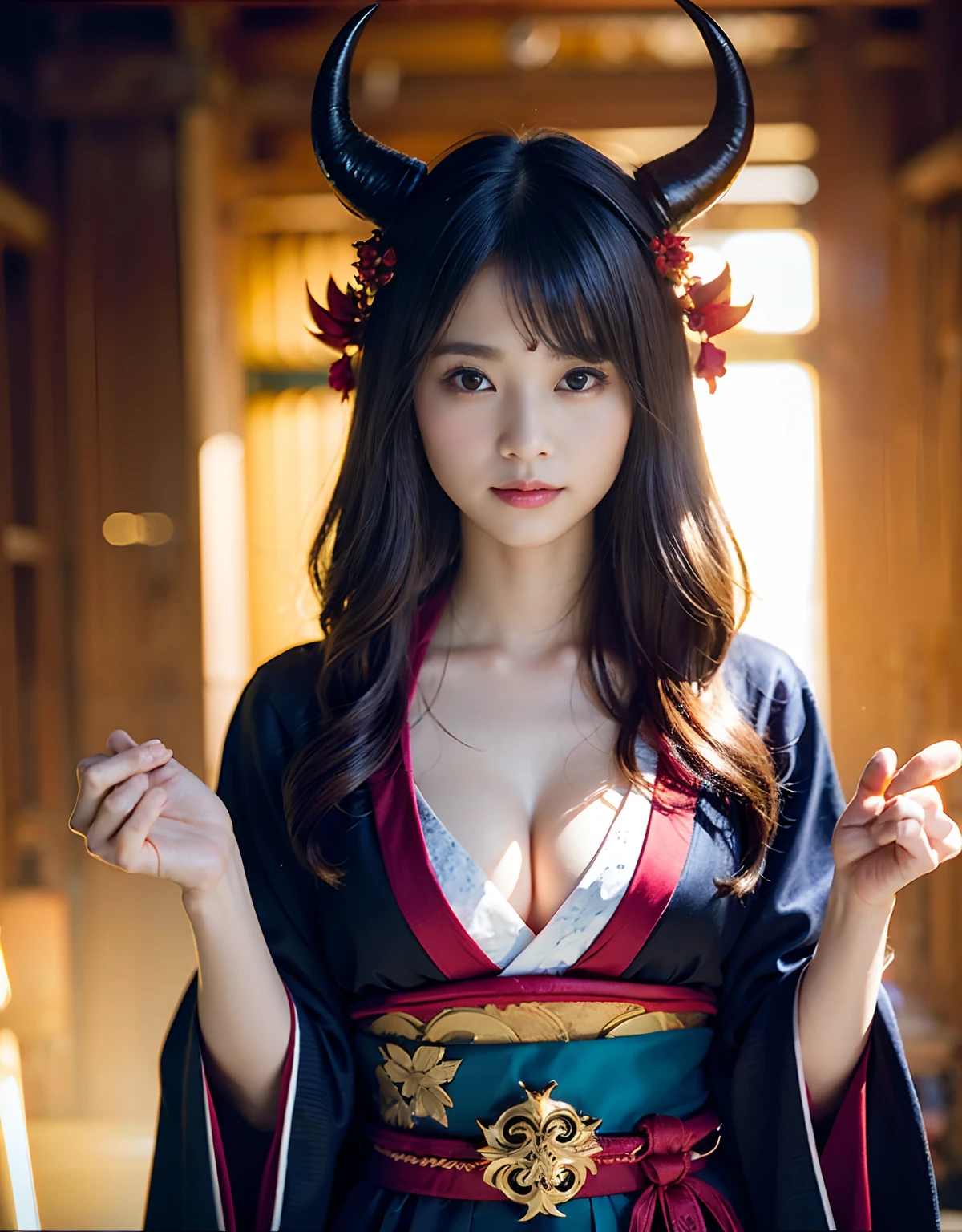 (((masutepiece))),Professional , ​masterpiece、top-quality、photos realistic , depth of fields 、Raw photo、女の子1a person、glowy skin、（Vibrant poses）、(Black maple on the background of full bloom),（Ultimate Beauty）、A dark-haired、Mystical expression、ultrasharp、（shrine background)、（Kimono with beautiful pattern）、（Midnight background）、Beautiful hair ornament on the head、,(intense fighting）,（（Precipitous cliffs））,(Wear a beautiful kimono),（Wear a colorful and beautiful kimono）、cleavage of the breast、（Japan Castle Background）、Jewel Gold Weapon、Particles of light),(intense fighting）、Gorgeous gold weapons ,Castle background、（（ Gorgeous Dragon Sword）） , （a dark night）,,（maikurobikini） 、（（Black Haired Beautiful Girl））、Full Body Angle、（Castle background）、（demonic wings）、（（Gangle's forest background））、Beautiful Caucasian beauty、１a person、dynamic ungle,(((Two devil's horns on the head)))、Smaller head、Idle Smile、Thin and beautiful female hands、Mystical expression、Light Effects、intense fighting、Wind-effect、magic circles、With the legendary magic wand、Dragon's tail、Anatomically correct fingers、Full Body Angle、Anatomically correct number of fingers、