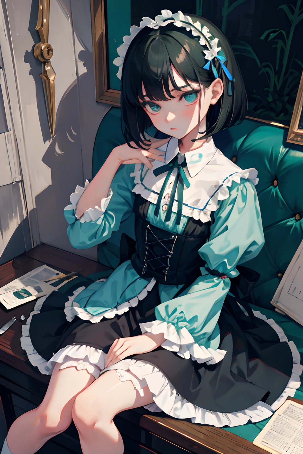 hand between legs,child,(masterpiece,Highest Quality),shortsleeves,Blue-green Gothic ta,Sleepy face,A dark-haired,Medium bob,utility knife,Small scissors,artistic