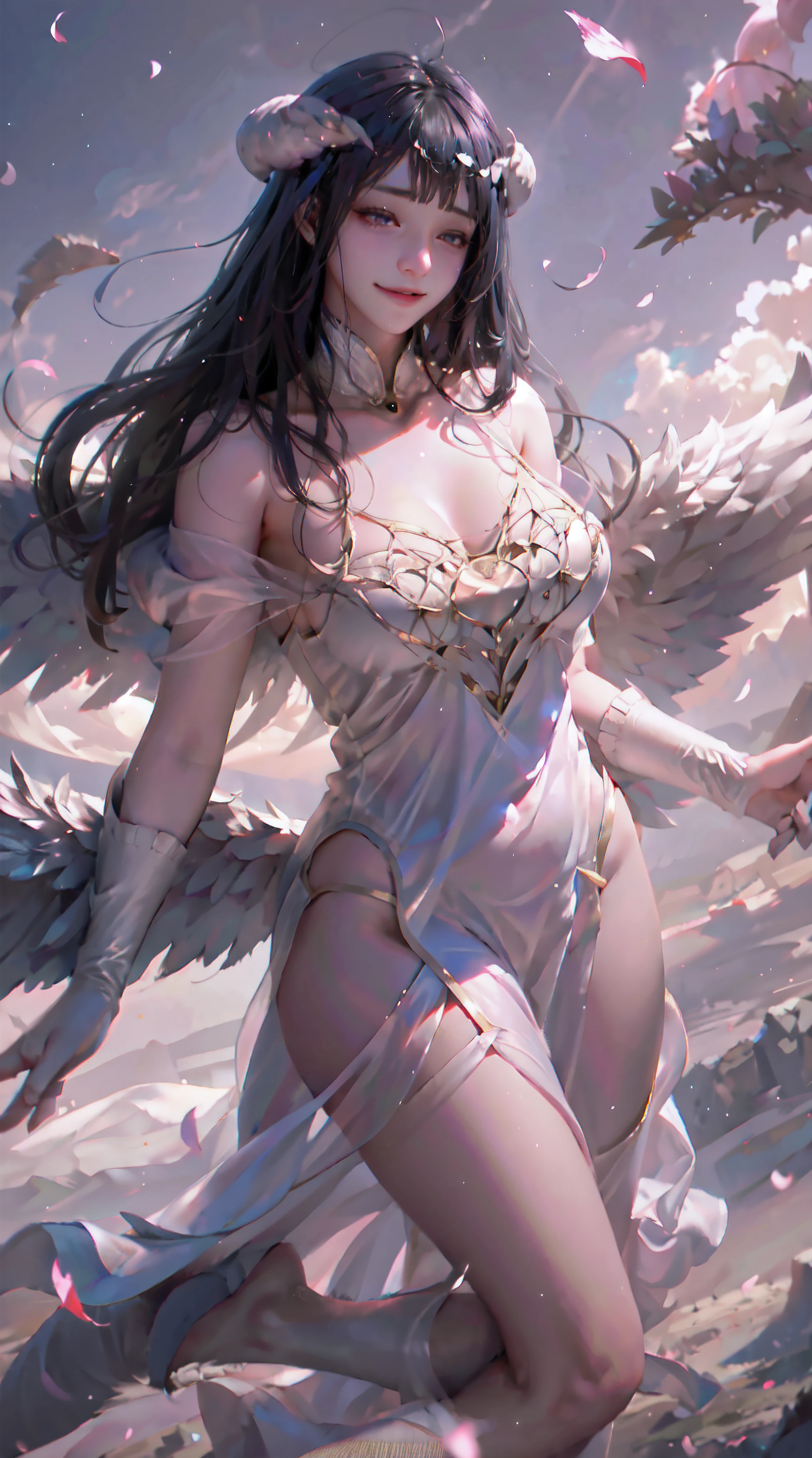 1girl, wings, solo, barefoot, flower, long hair, sky, dress, petals, outdoors, angel wings, holding, holding flower, cloud, closed eyes, feathered wings, purple hair, wind, field