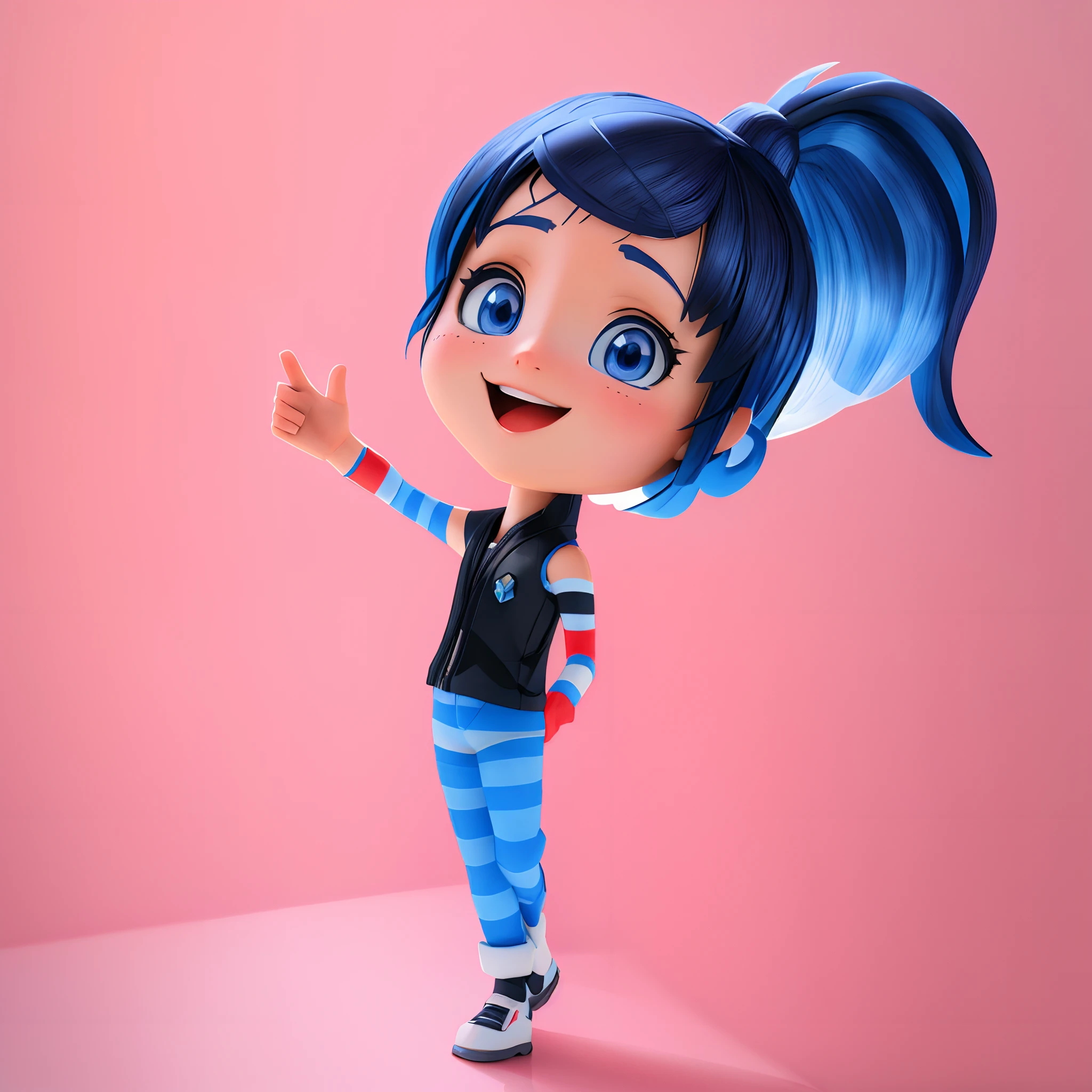 dos desenhos animados com cabelo azul e preto e branco listrado roupa acenando, render de uma menina 3d bonito, personagem bonito dos desenhos animados, personagem bonito, animation character, Personagem 3D, Personagem 3D, bonito 3 d render, Vanellope von Schweetz, kawaii hq render, personagem de desenho animado, arte oficial do personagem, 3d model of a Japanese mascot
