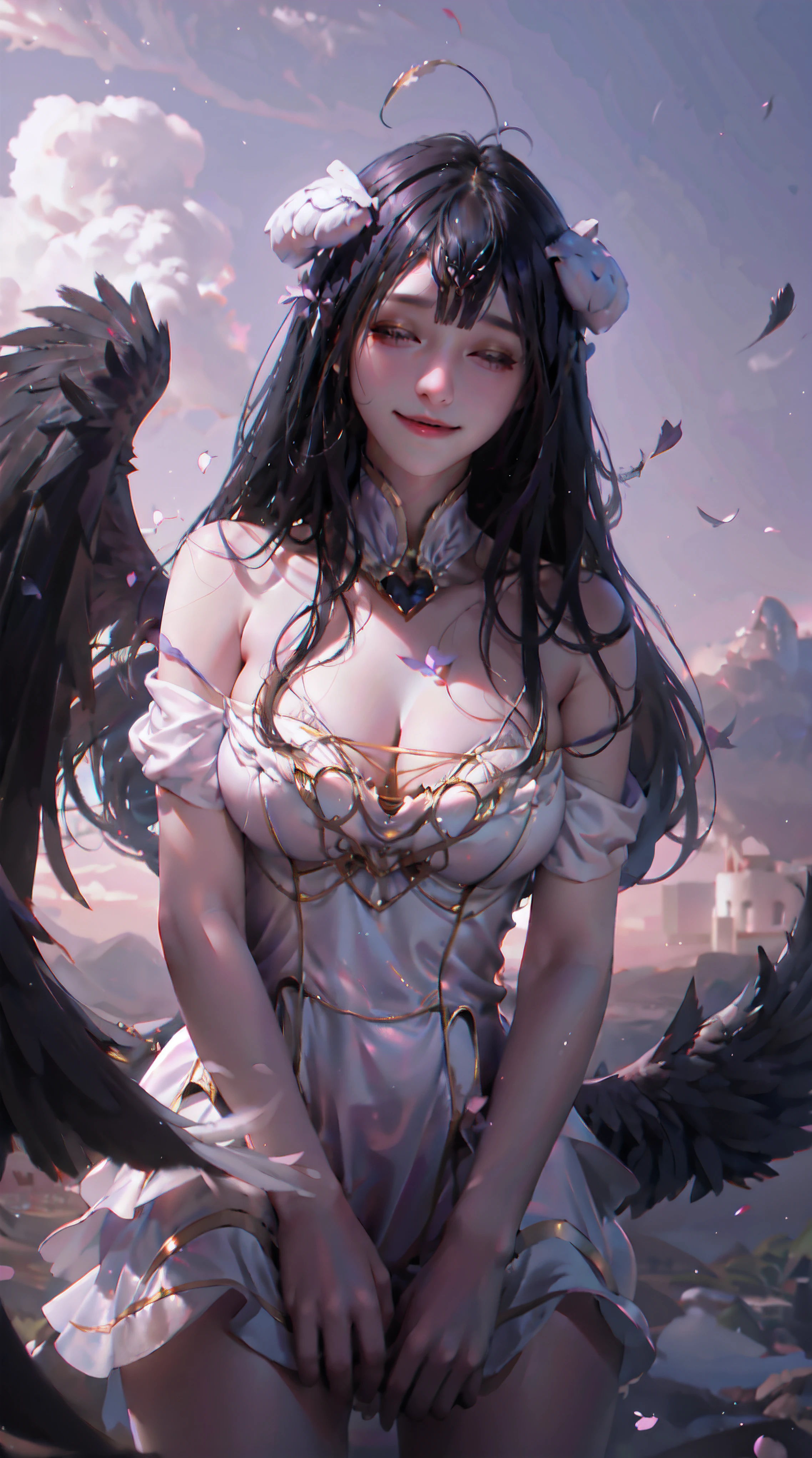 1girl, wings, solo, barefoot, flower, long hair, sky, dress, petals, outdoors, angel wings, holding, holding flower, cloud, closed eyes, feathered wings, purple hair, wind, field