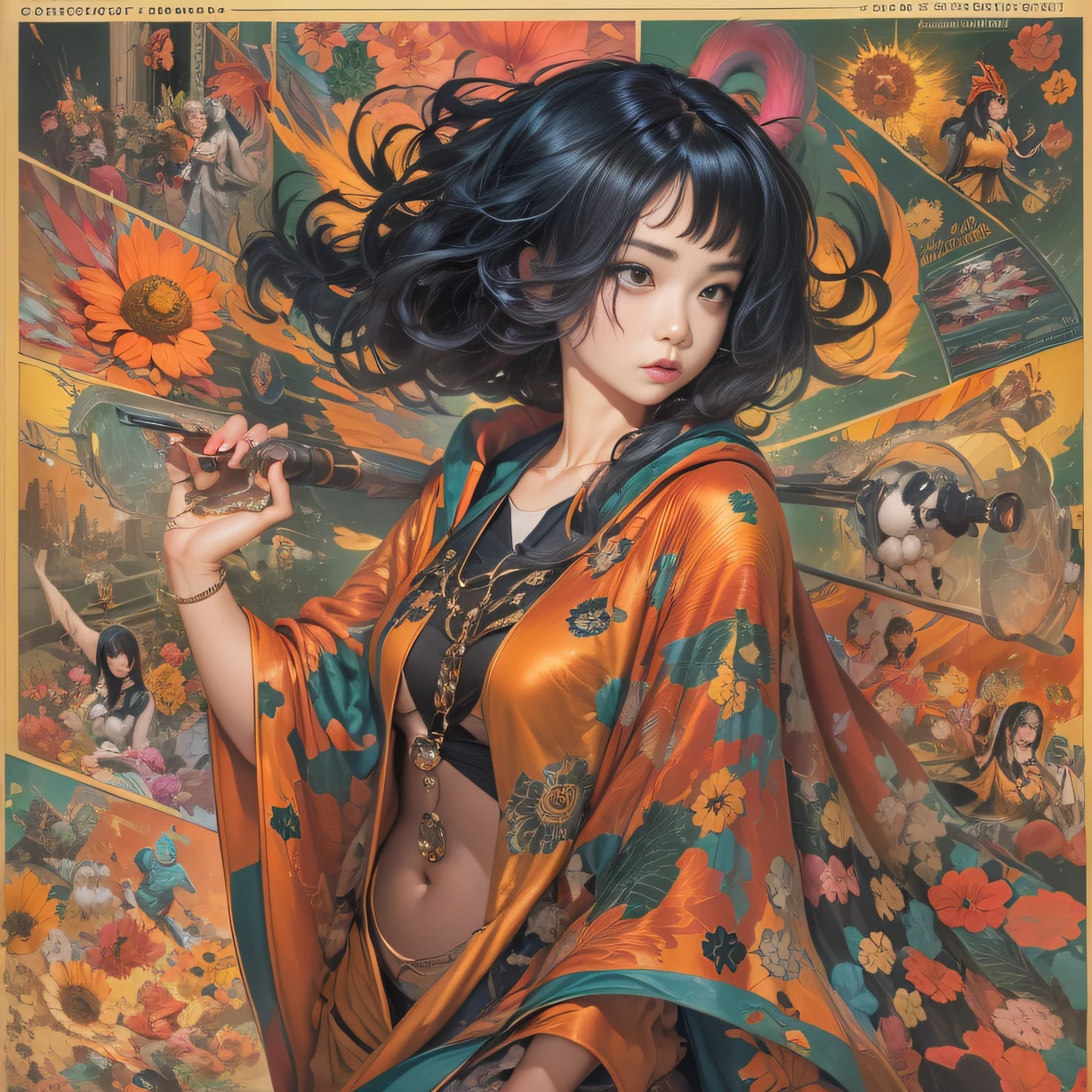 (Girl with bright black hair)(Best quality, A high resolution, Vivid colors, (Cartoon Goddess), (comic strip))Forged hammer pattern，belly-bar，Silk flowing cape，oguchi，sedate，massiness，Shiny and warm