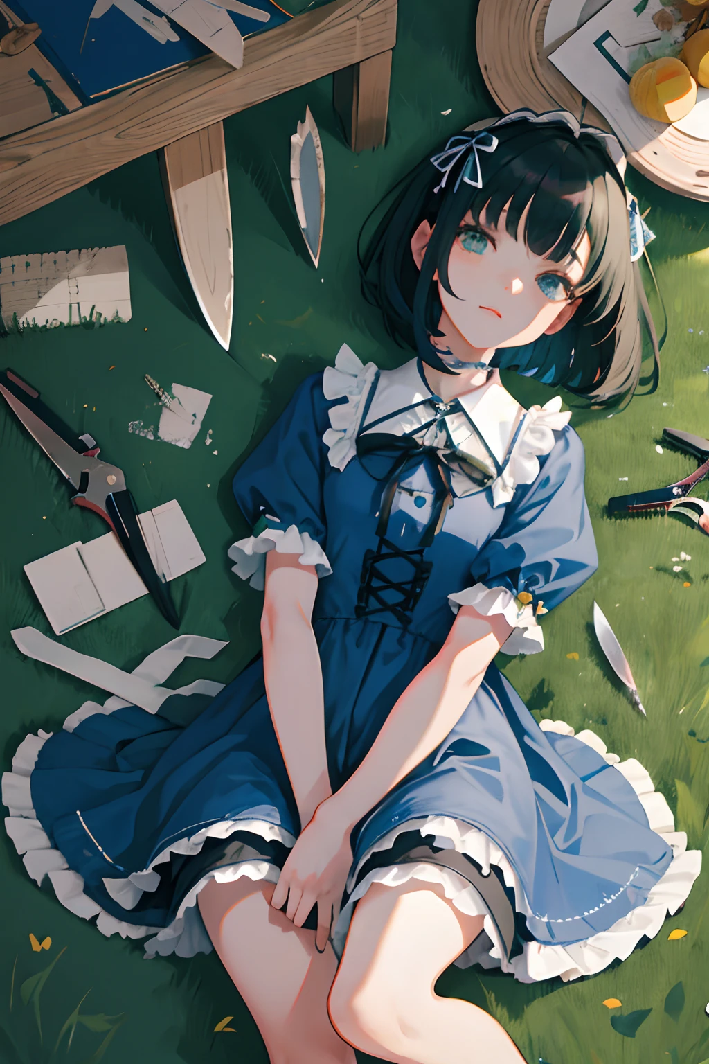 hand between legs，，（​masterpiece，Highest Quality），shortsleeves，Blue-green Gothic Lolita，Sleepy face，A dark-haired，Medium bob，utility knife，Small scissors，Artistically