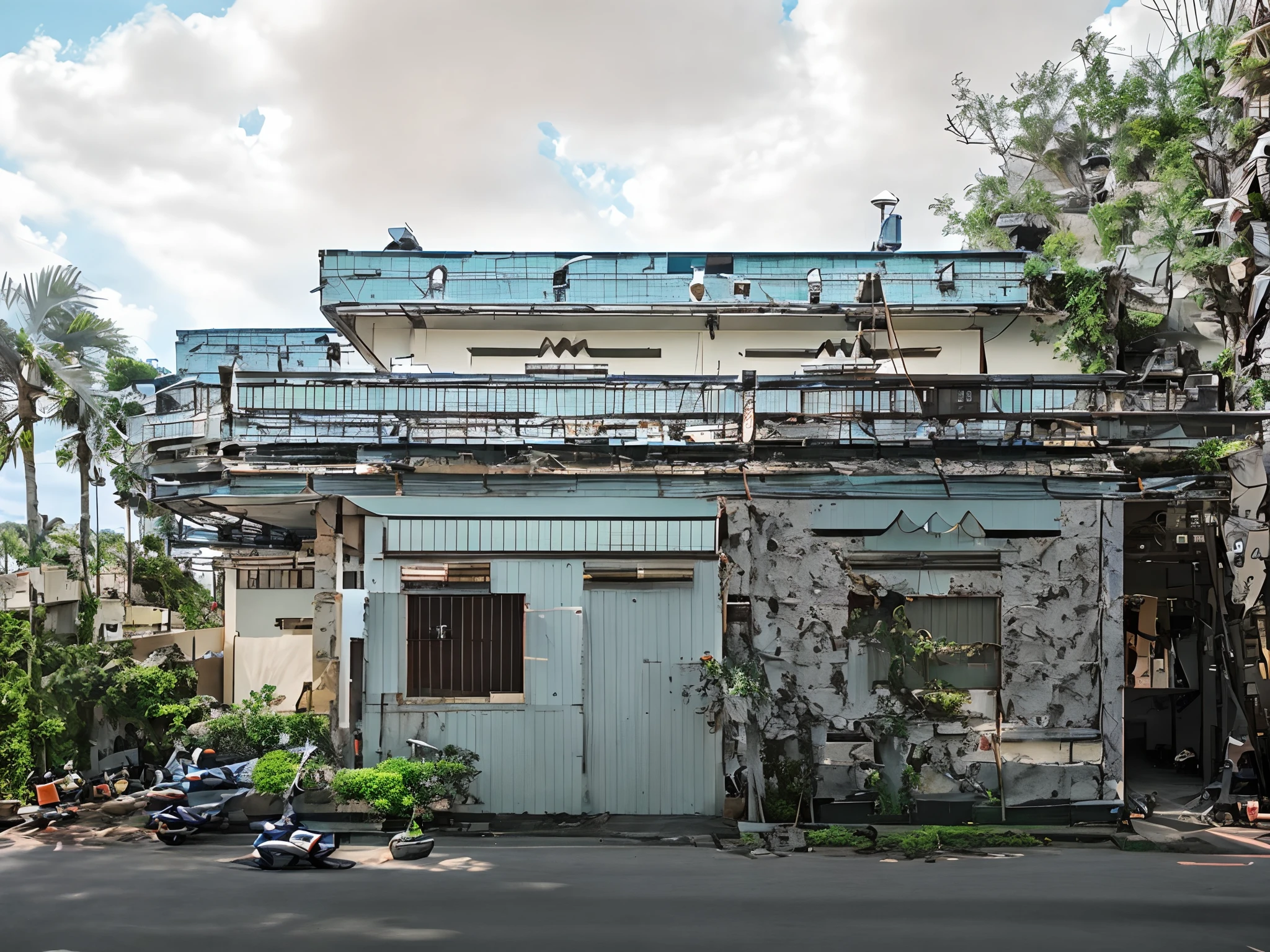 arafed building with scaffolding on the side of it and a motorcycle parked in front of it, big impact hit on the building, building facing, taken in the early 2020s, full building, front side view, photo from 2022, single building, front view, complete house, front-view, mid-view, front side