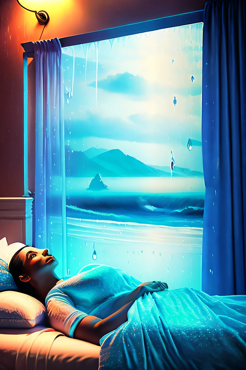(Feliz,Content,Relaxed)Mulher jovem deitada de costas em uma cama luxuosa,com o rosto voltado para a janela,(lbeleza normal)Vista de um dia chuvoso,(Estilo Pixar:1.1)Artwork,(hyper-realistic:1.2),8K resolution,Ultra HD |,criado com Cinema 4D,rico em detalhes,soft lighting filtering through the curtains,(Brilhante,Wet)gotas de chuva na janela,destacando a beleza da cena,(sutil,enjoyable)tons de azul dominando a paleta de cores,bringing a sense of calm and tranquility.