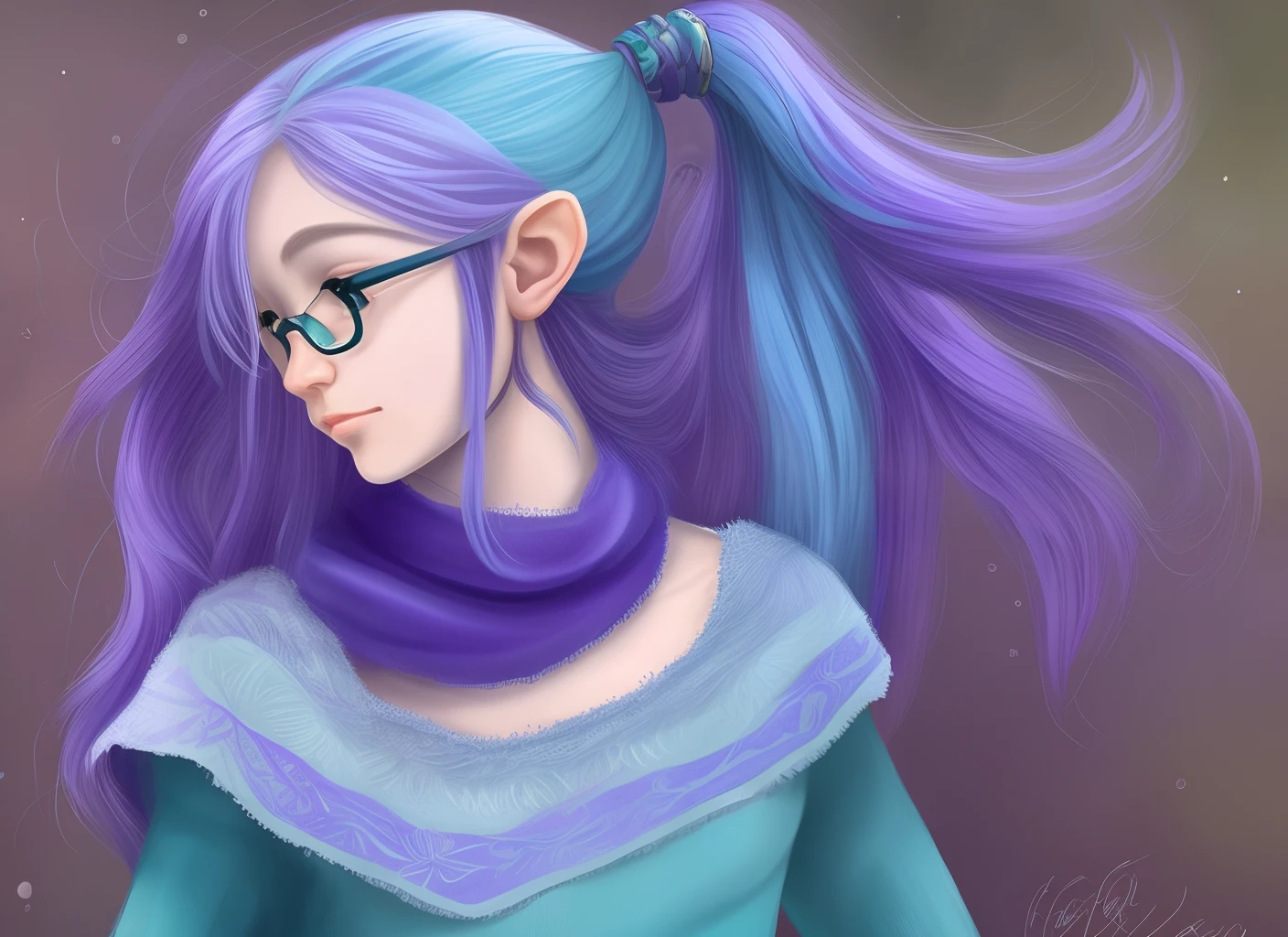 Cute elven guy with blue hair and purple eyes is very gentle and looks like a young girl, wears glasses and a cute purple sweater that has a bare shoulder. Looks embarrassing. He has long hair that is tucked into a ponytail