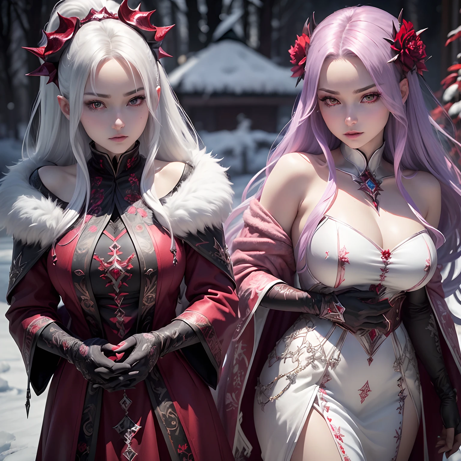 Two women in the photo. An angel woman (white hair, blue eyes, halo, blue aura for her body) next to a demon woman (Red hair, red eyes, cyphers, intimidating look, red aura). Renaissance art