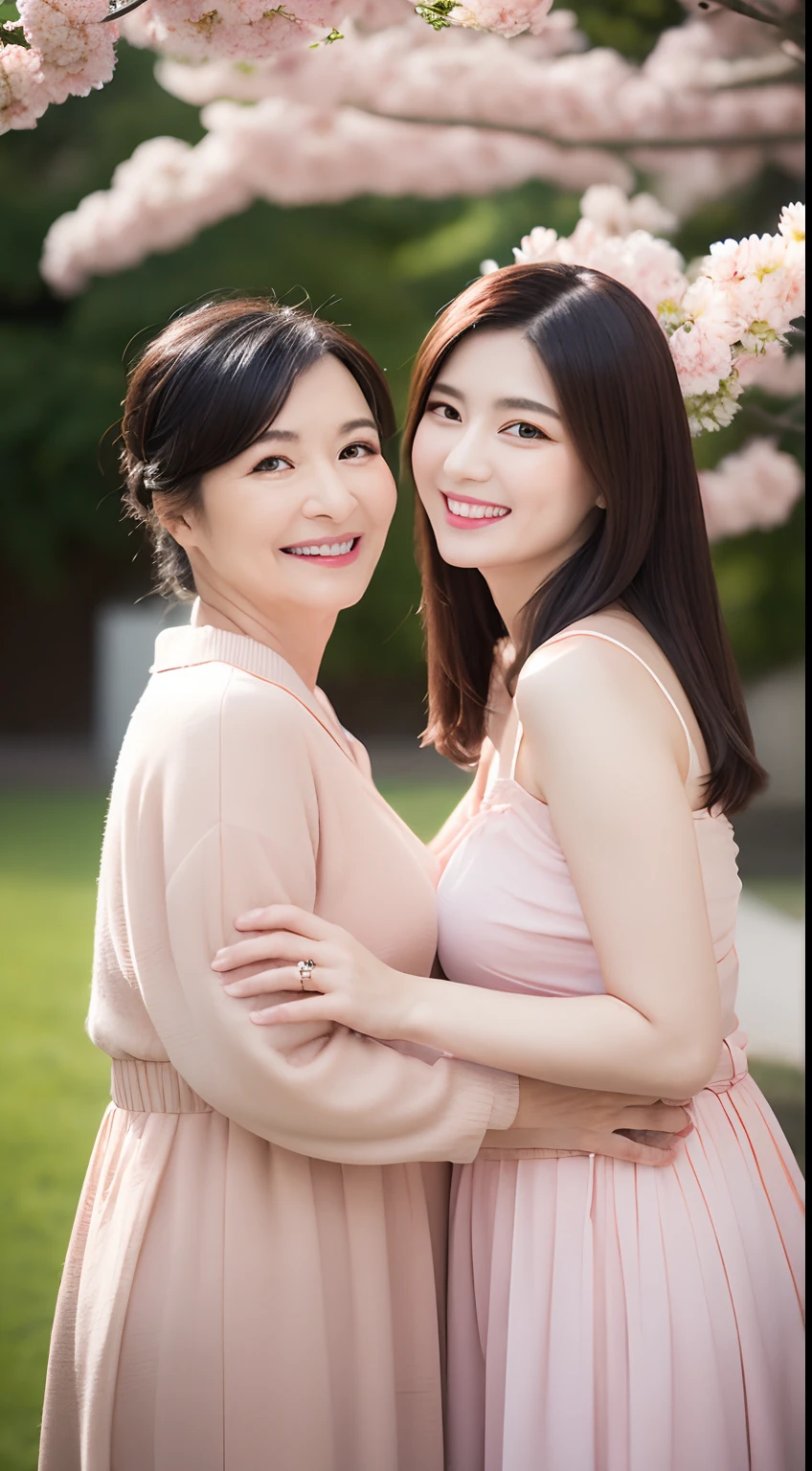 Best Quality,Ultra-detailed,Realistic,Mother and daughter,japanes,Two girls standing side by side,50-year-old mother and 20-year-old daughter,Beautiful detailed eyes and lips for both,ornate hair accessory,Lovely smile,Graceful pose,Peaceful garden background,Colorful cherry blossoms,Soft natural lighting