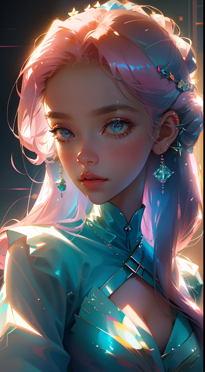 girl，Light pink and light blue style，Lively collective composition，glittery，carefully designed，Flower punk，high detal，high qulity，Good atmosphere，delicated，cg render，detail render，（Delicate facial portrayal）（Fine hair portrayal）（highest  quality）（Master masterpieces）（High degree of completion）（a sense of atmosphere）(half-body portrait)