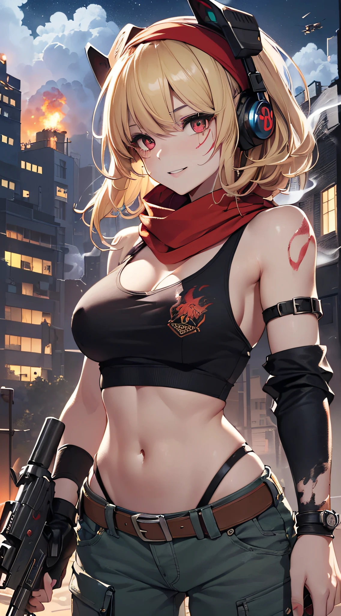 top-quality、Top image quality、masterpiece、girl with((18year old、Blue navel tank top、Military pants、Best Bust、Bust 90、Blonde Away Tail、Red Eyes、open chest wide、Valley、Happiness、A slender、ssmile、black bandana、Holding a revolver in your right hand,Earphone jack in ear、Red Body Paint、Shooter、Black scarf、dog tag、a little muscular、nffsw、Point the gun forward、Smoke))hiquality、Beautiful Art、Background with((Survival Games、Burning smoke、drone、Night city))、masutepiece、Elaborate design、visualart、