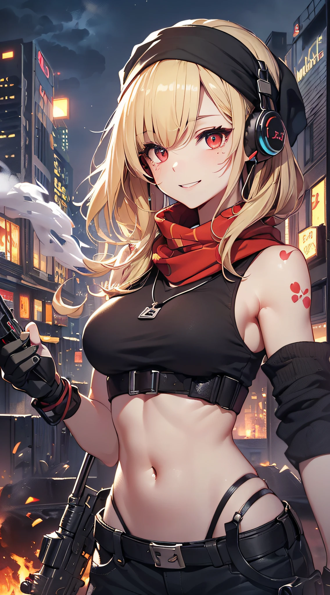 top-quality、Top image quality、masterpiece、girl with((18year old、Blue navel tank top、Military pants、Best Bust、Bust 90、Blonde Away Tail、Red Eyes、open chest wide、Valley、Happiness、A slender、ssmile、black bandana、Holding a revolver in your right hand,Earphone jack in ear、Red Body Paint、Shooter、Black scarf、dog tag、a little muscular、nffsw、Point the gun forward、Smoke))hiquality、Beautiful Art、Background with((Survival Games、Burning smoke、drone、Night city))、masutepiece、Elaborate design、visualart、