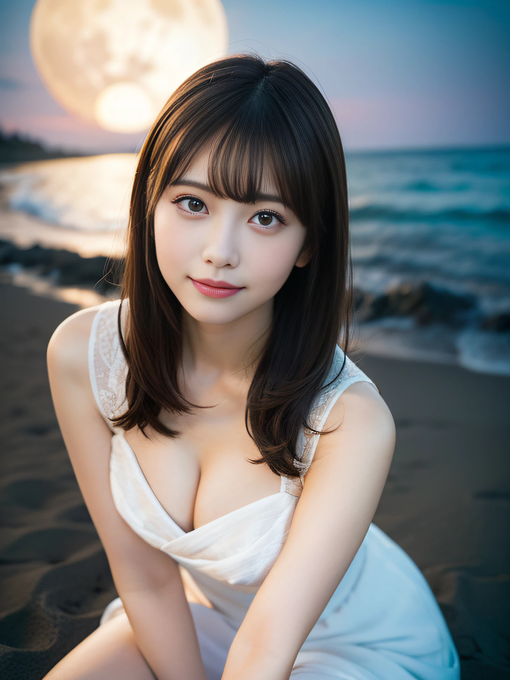 in 8K,Best Quality:1.4, 超A high resolution:1.5, (Photorealistic:1.4),masterpiece:1.2,(top-quality:1.4)、 Raw photo、 (the background is blurred), sea side, sand beach, 1日本人の女の子, Cute, (Solo:1.4), (Shy smile), Smooth skin、White Dress、 (Brown medium hair,Bangs), (touch hair:1.4),nogizaka,,Supple fingertips,Beautiful black eyes、dual、natural skin textures:1.3, realistic eyes and face details:1.7、middlebreasts、Moon Night、Gravure Pose:1.1、Toned buttocks:1.5、gazing at viewer、harvest moon、fullmoon、illuminated by the moonlight、mystic atmosphere