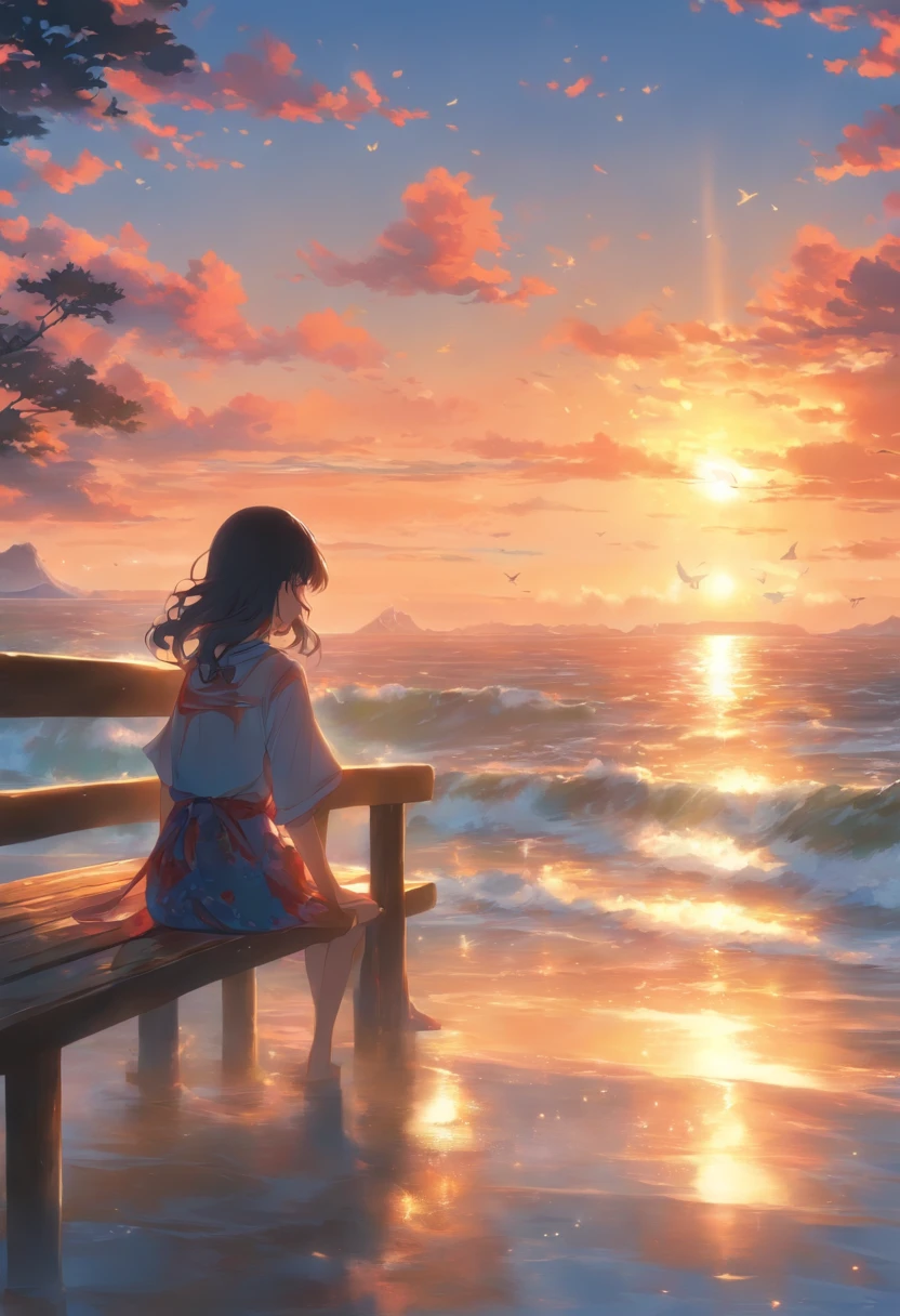 japanes、夏天、sit on a bench、looking at the ocean、A dark-haired、girl with、top-quality、masterpiece