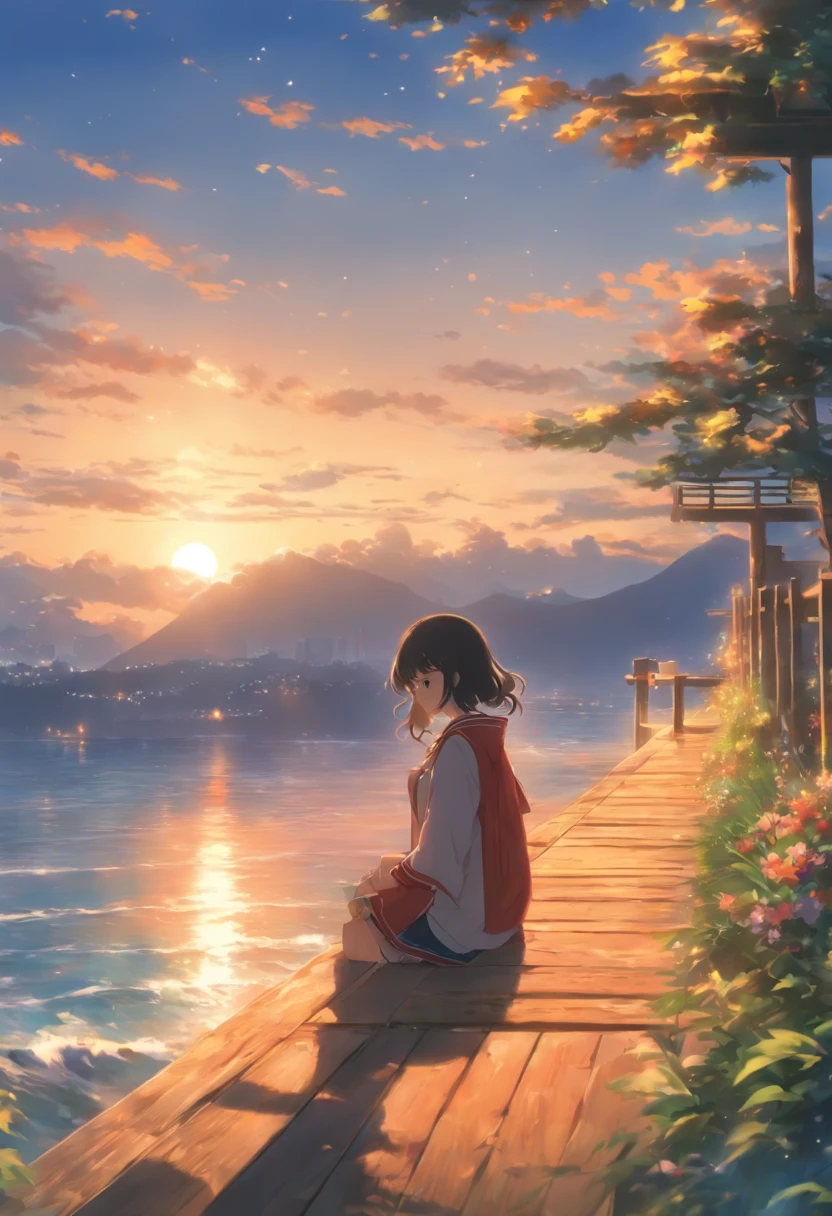 japanes、夏天、sit on a bench、looking at the ocean、A dark-haired、girl with、top-quality、masterpiece