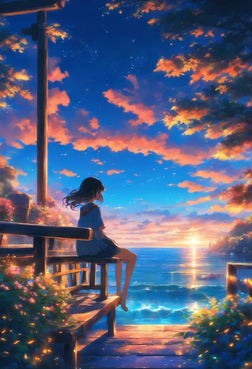 japanes、夏天、sit on a bench、looking at the ocean、A dark-haired、girl with、top-quality、masterpiece