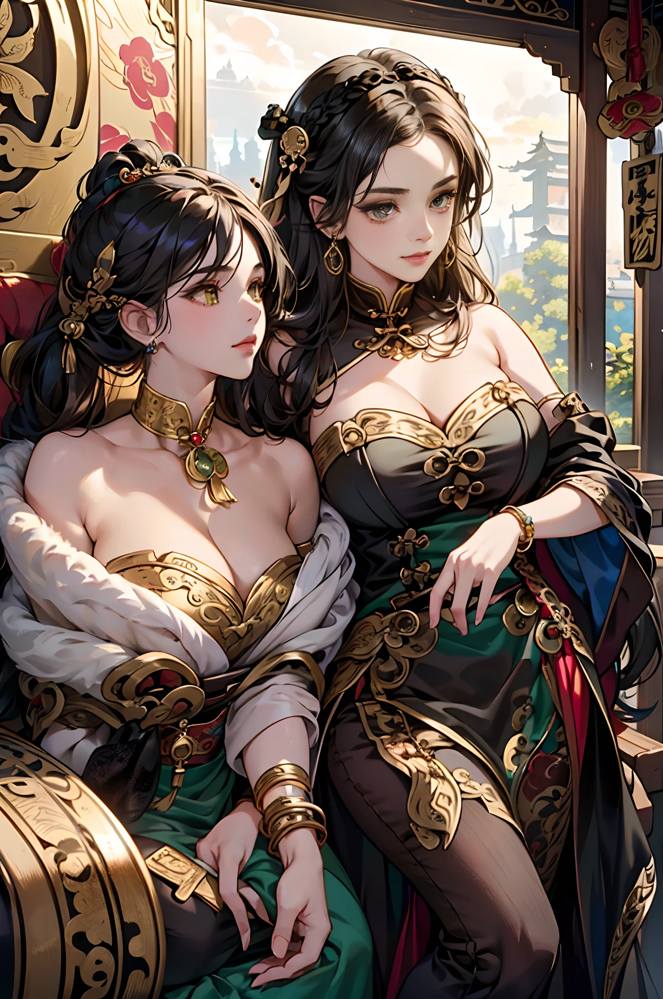 There is a train traveling along the tracks in the dark, gothic locomotive, Victorian artistic fantasy, steampunk concept art, detailed game art illustration, ,Masterpiece,Perfect drawing,Two beautiful girls, Lovers, Lesbians,(Taoist hairstyle,Giant Taoist hairpin:1.6,Taoist hair accessories,armlets, bangle:1.3),bauhause, bulgari, official valentino editorial