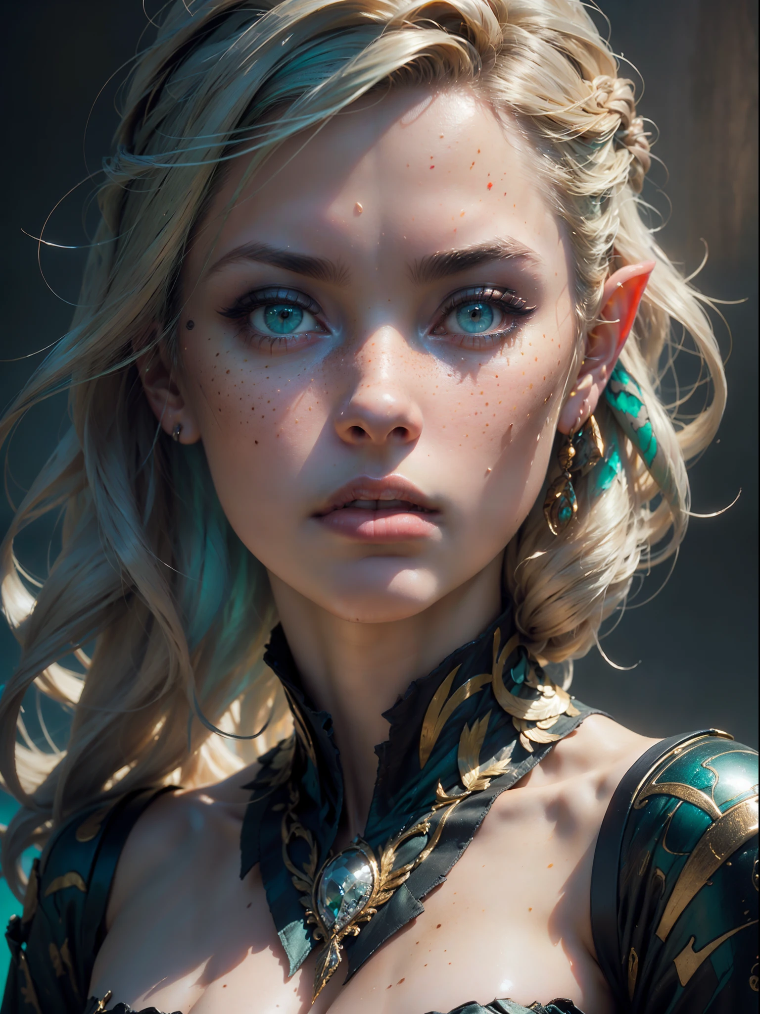 a portrait of an elf, (( long flowing green hair flying, bright pale blue eyes)), 60mm portrait, beautiful pale makeup, color portrait, editorial portrait, light freckles,50mm portrait, stunning portrait, elegant freckles, striking blue eyes, pastel blue eyes, cleavage, black armor, black glove, blood, large breasts, gold dust spread across the skin and face, (dark, hyper-realistic photos (((portrait))) of glass refraction 1vase, background of post-apocalyptic ruins,(((HDR+)))), textures of 4mm, 8k, soft cinematic light, Adobe Lightroom, Photolab, HDR, intricate, elegant, highly detailed, sharp focus, ((((((cinematic appearance)))), soft tones, insane details, intricate details, hyperdetailed, low contrast, soft cinematic light, faint colors, exposure mix, faded, slate atmosphere)