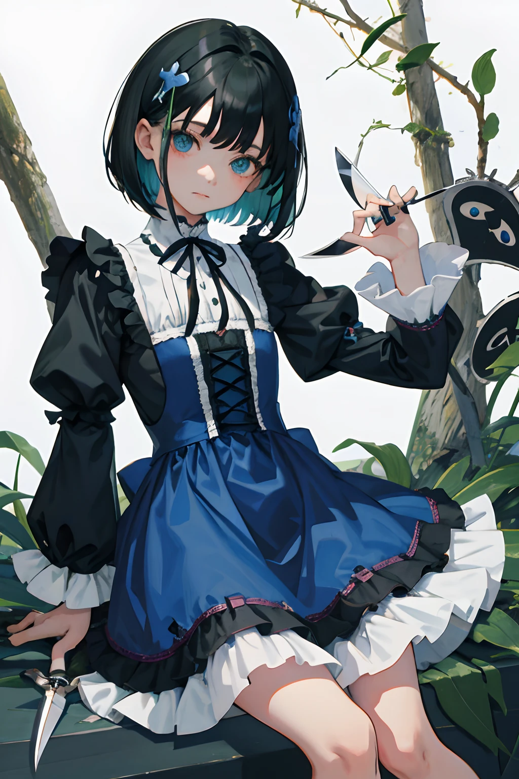 child,(masterpiece,Highest Quality),shortsleeves,Blue-green Gothic Lolita,Sleepy face,A dark-haired,Medium bob,utility knife,Small scissors