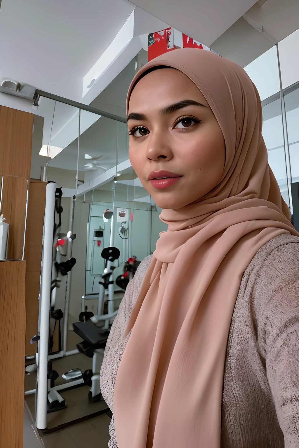 photo of malay girl wearing hijab, gym outfit, at the gym, (((big breasts, cleavage))),(((sexy midriff))), ((hourglass figure)), ((pastel color hijab)), lipstick, photorealistic, masterpiece, realistic, realism, photorealism, high contrast, photorealistic, 8k HD high definition detailed realistic, detailed, skin texture, hyper detailed, realistic skin texture, best quality, (photorealistic:1.4), high resolution, detailed, raw photo, photo realistic, (high detailed skin:1.2), 8k uhd, dslr, soft lighting, high quality, film grain, Fujifilm XT3), hyper realistic lifelike texture dramatic lighting unreal engine, even, neutral light, key light, bold, bright colours,