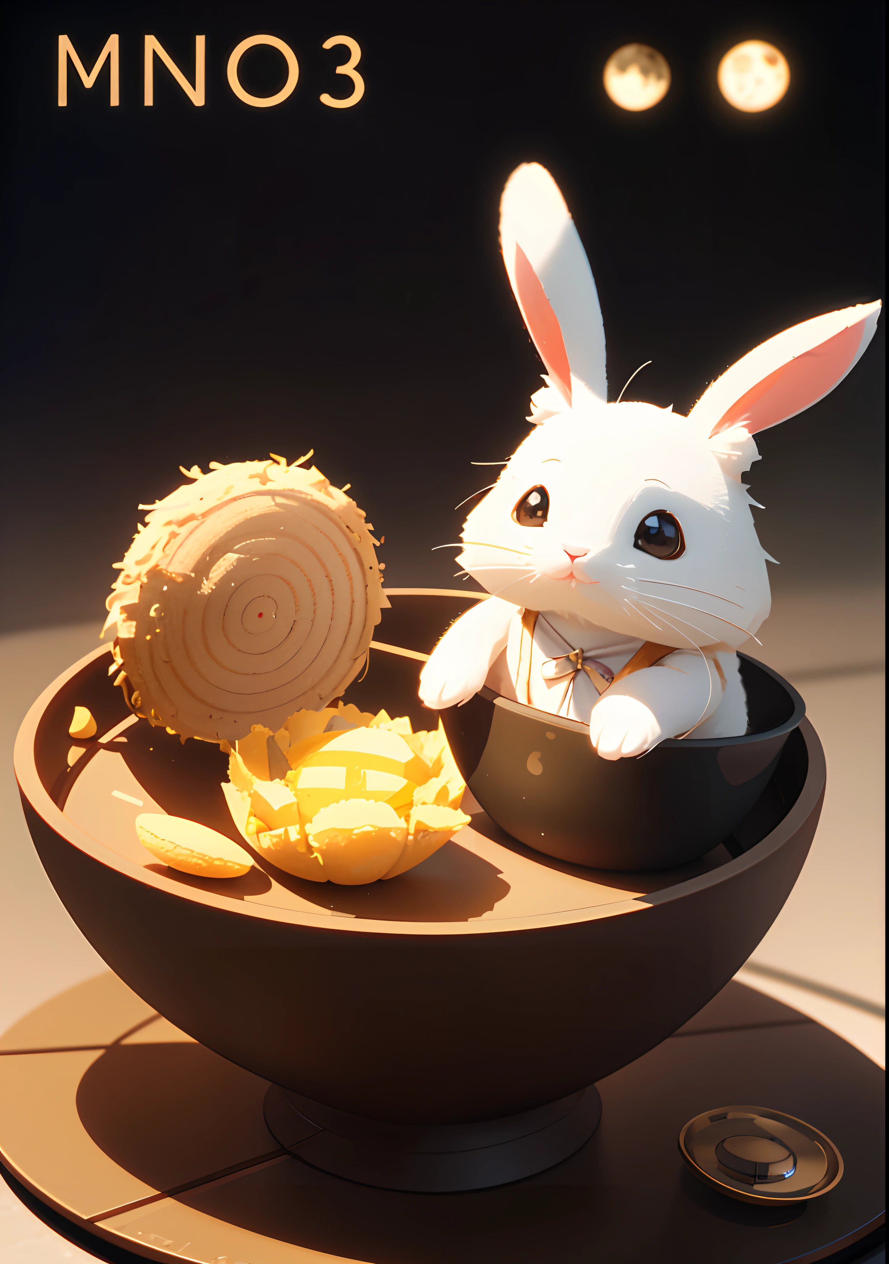 There is a little rabbit sitting on a bowl with a moon, cute 3 d render, lovely digital painting, C4D, trending on cgstation, Cute detailed digital art, stylized 3d render, adorable digital art, stylized as a 3d render, animation style render, photorealistic render in octane